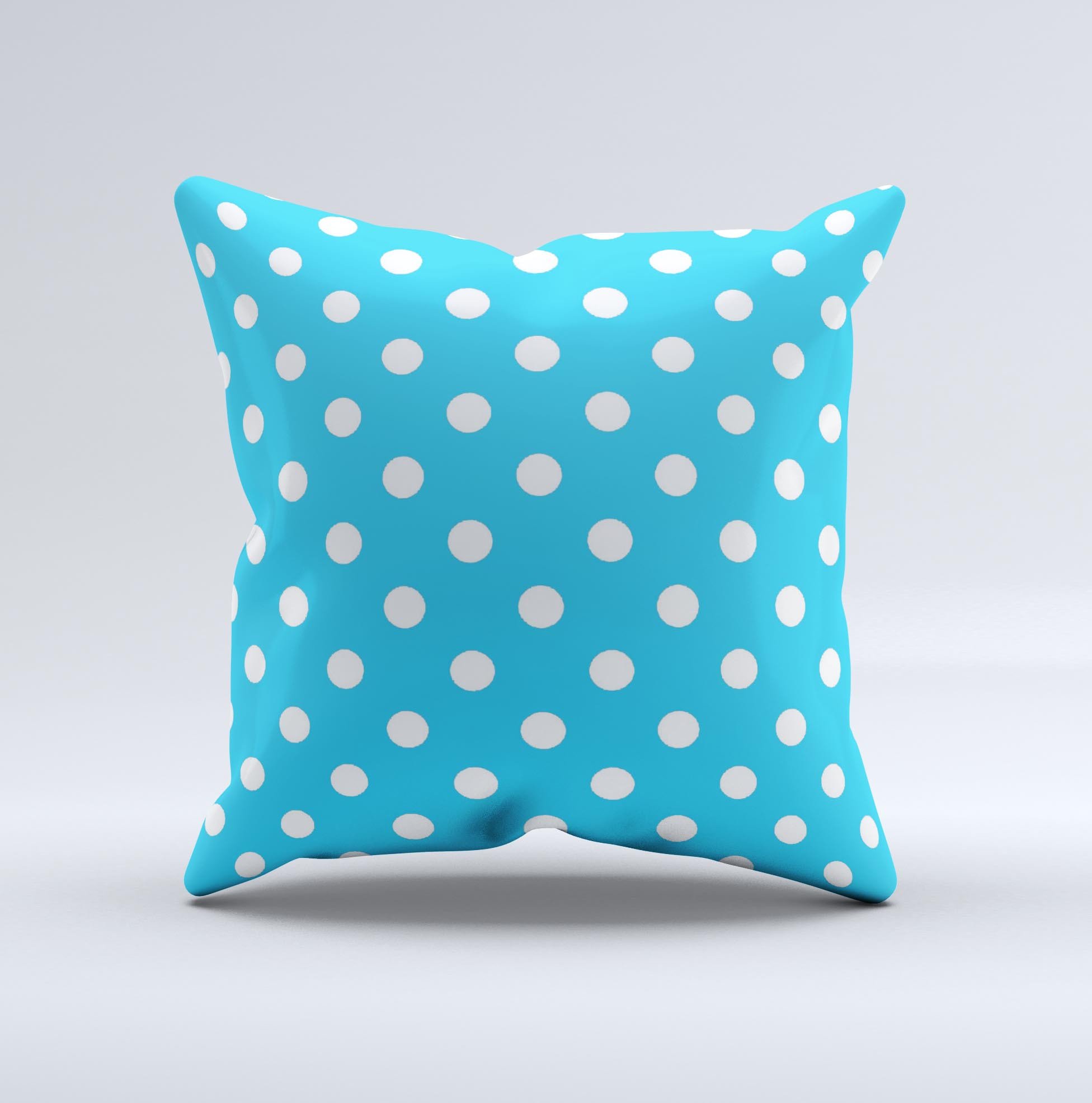 Light blue and white polka dot decorative throw pillow, handcrafted in Virginia with high thread count fabric and unique design.