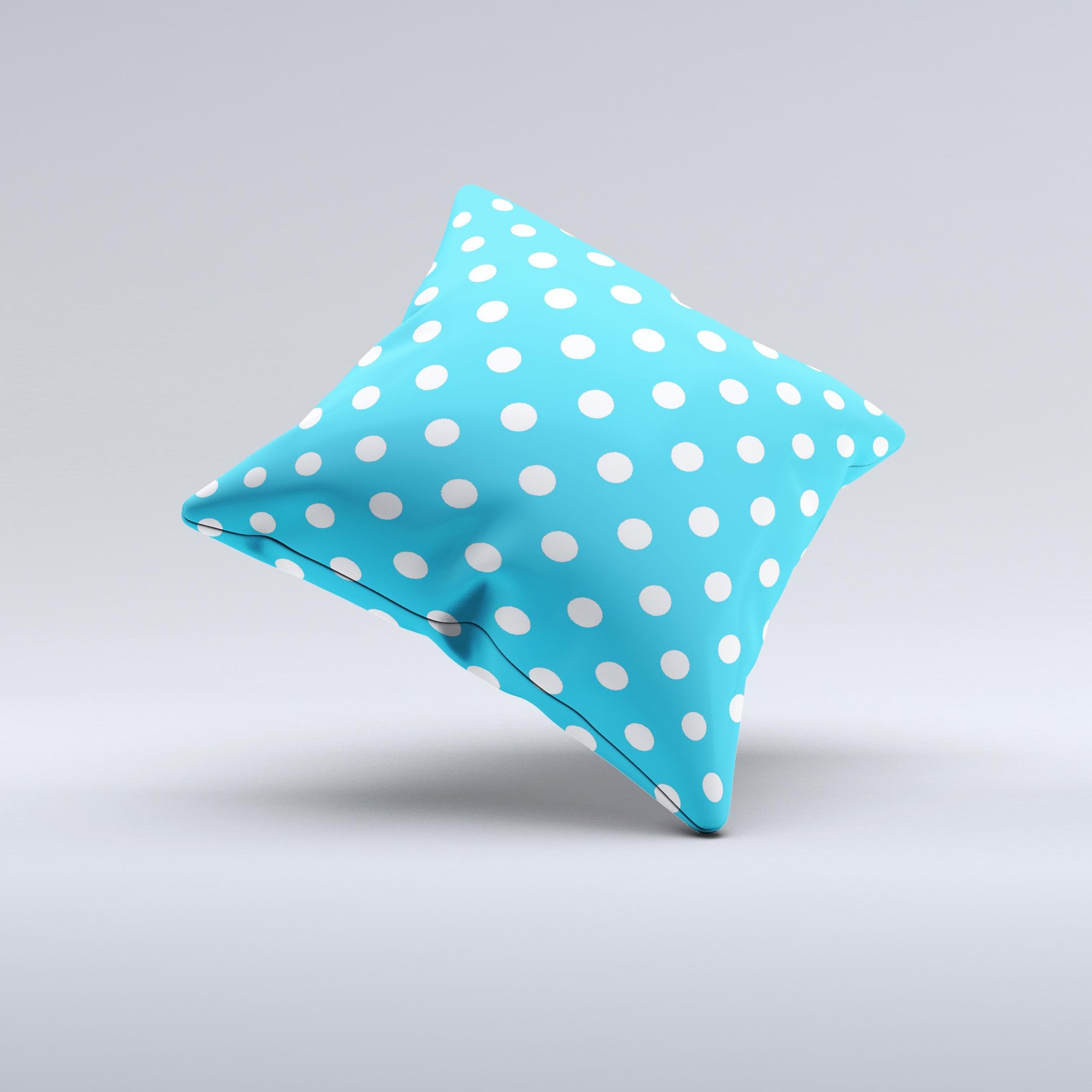 Light blue and white polka dot decorative throw pillow, handcrafted in Virginia with high thread count fabric and unique design.