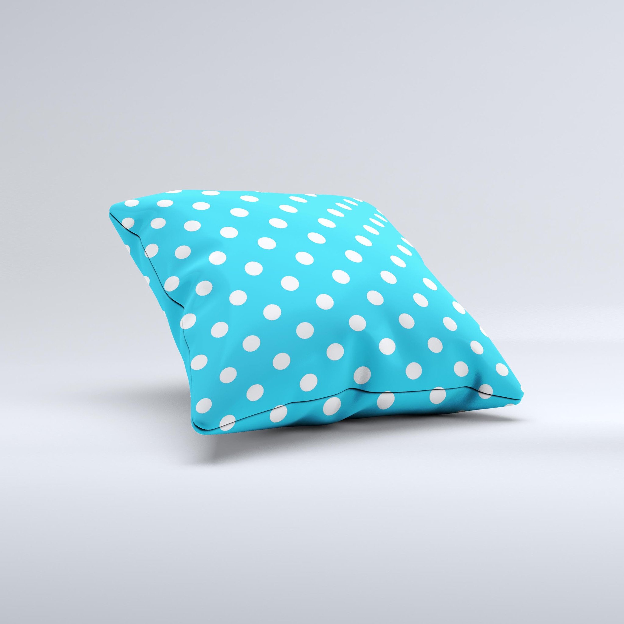 Light blue and white polka dot decorative throw pillow, handcrafted in Virginia with high thread count fabric and unique design.