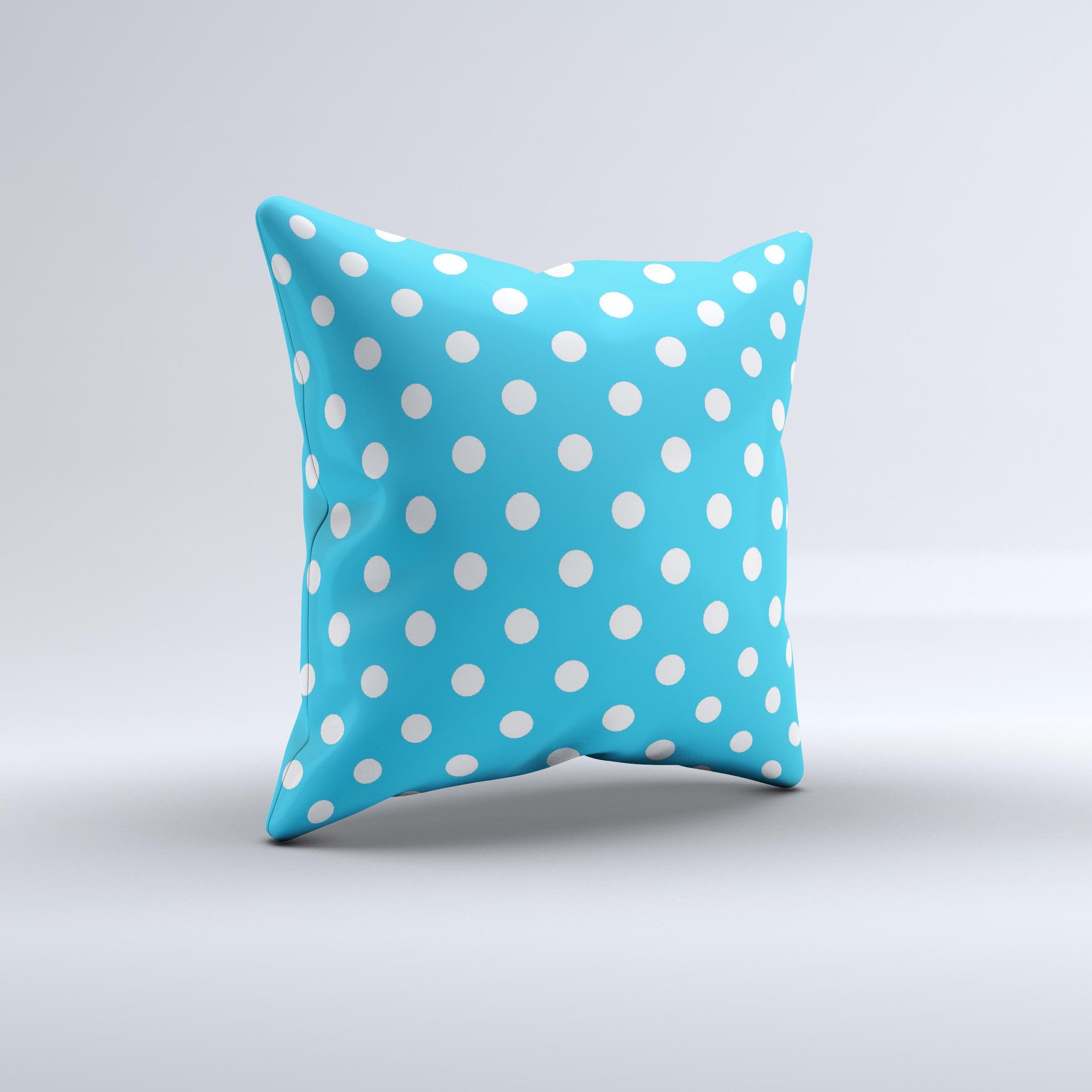 Light blue and white polka dot decorative throw pillow, handcrafted in Virginia with high thread count fabric and unique design.