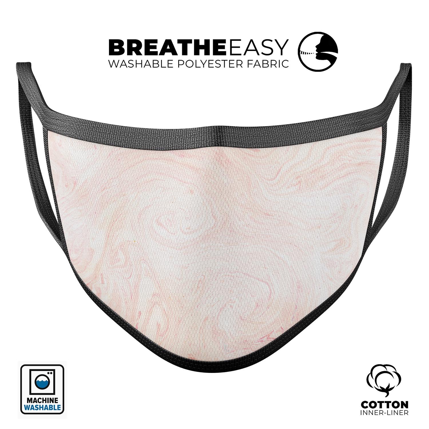 Light Coral Textured Marble mouth cover, unisex anti-dust mask made in the USA, featuring adjustable ear loops and a soft cotton interior.