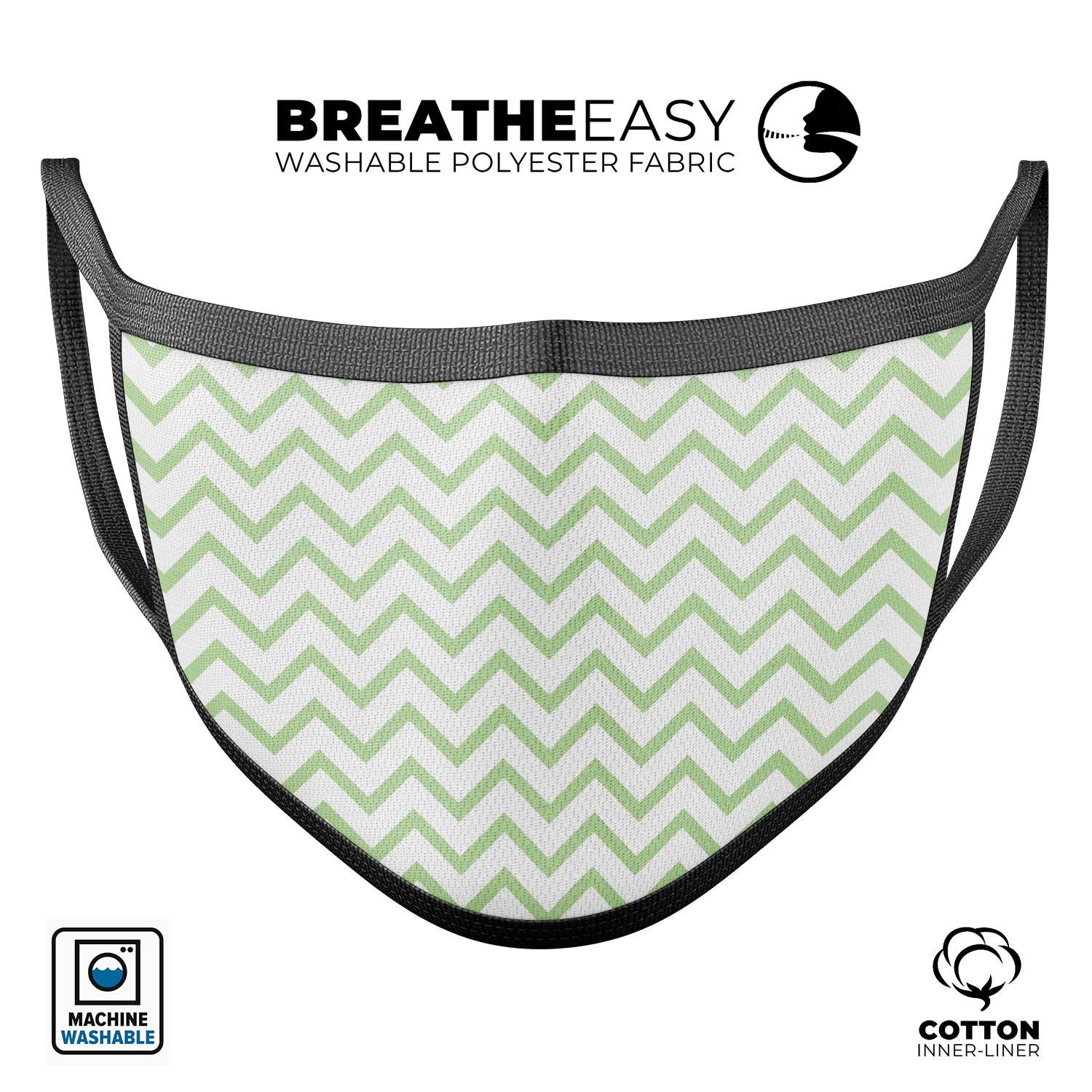 Light Green and White Chevron mouth cover, made in the USA, showcasing adjustable ear-loop bands and soft cotton interior.