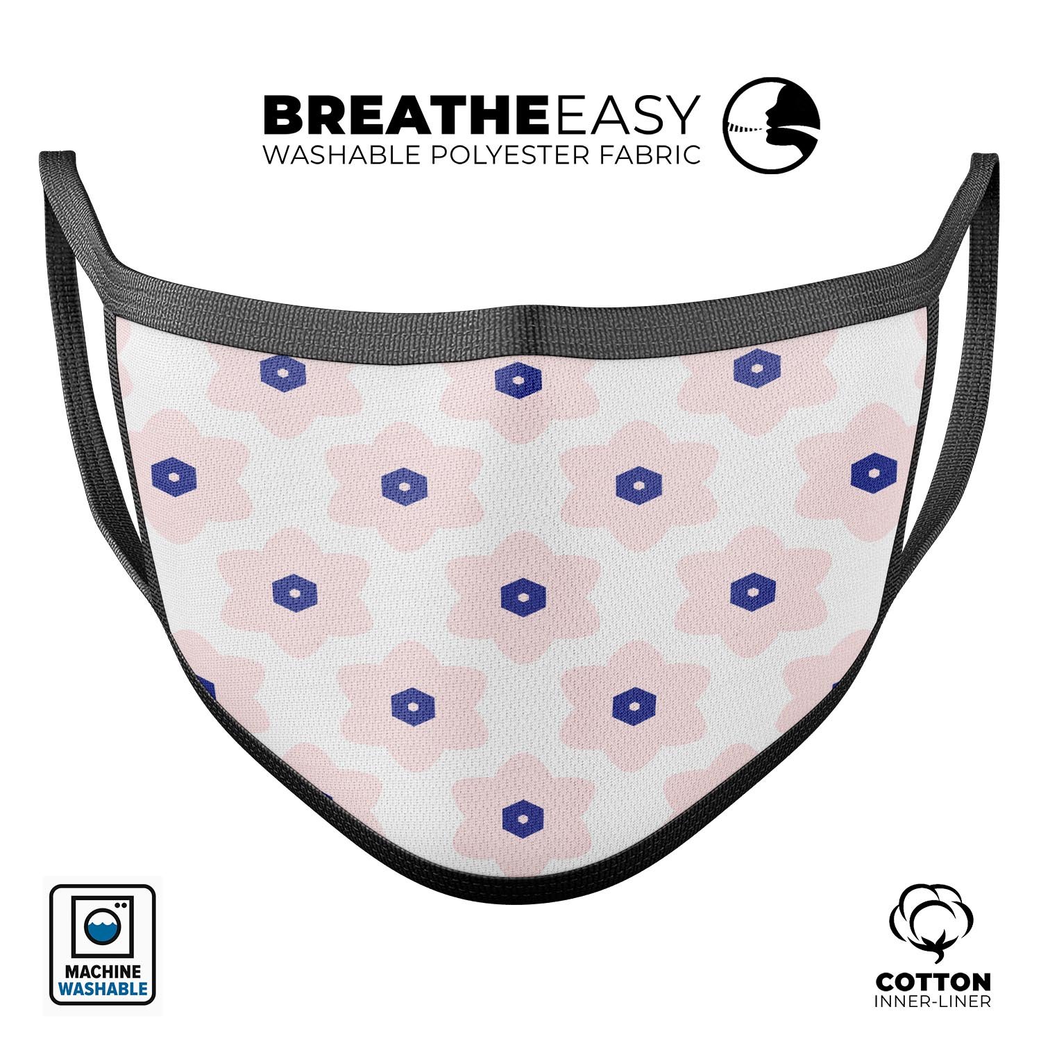 Light pink animated flower pattern mouth cover, showcasing vibrant colors and adjustable ear loops for a comfortable fit.