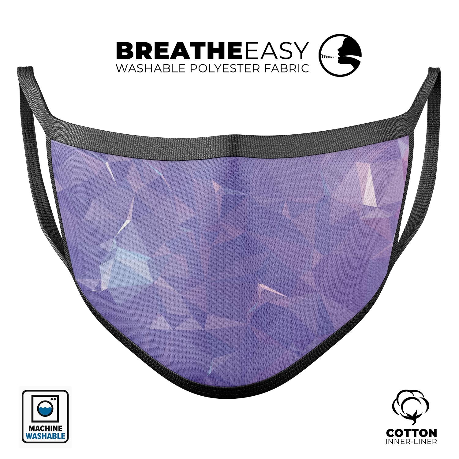 Light Purple Geometric V13 mouth cover, unisex design, made in the USA, featuring adjustable ear loops and breathable cotton material.