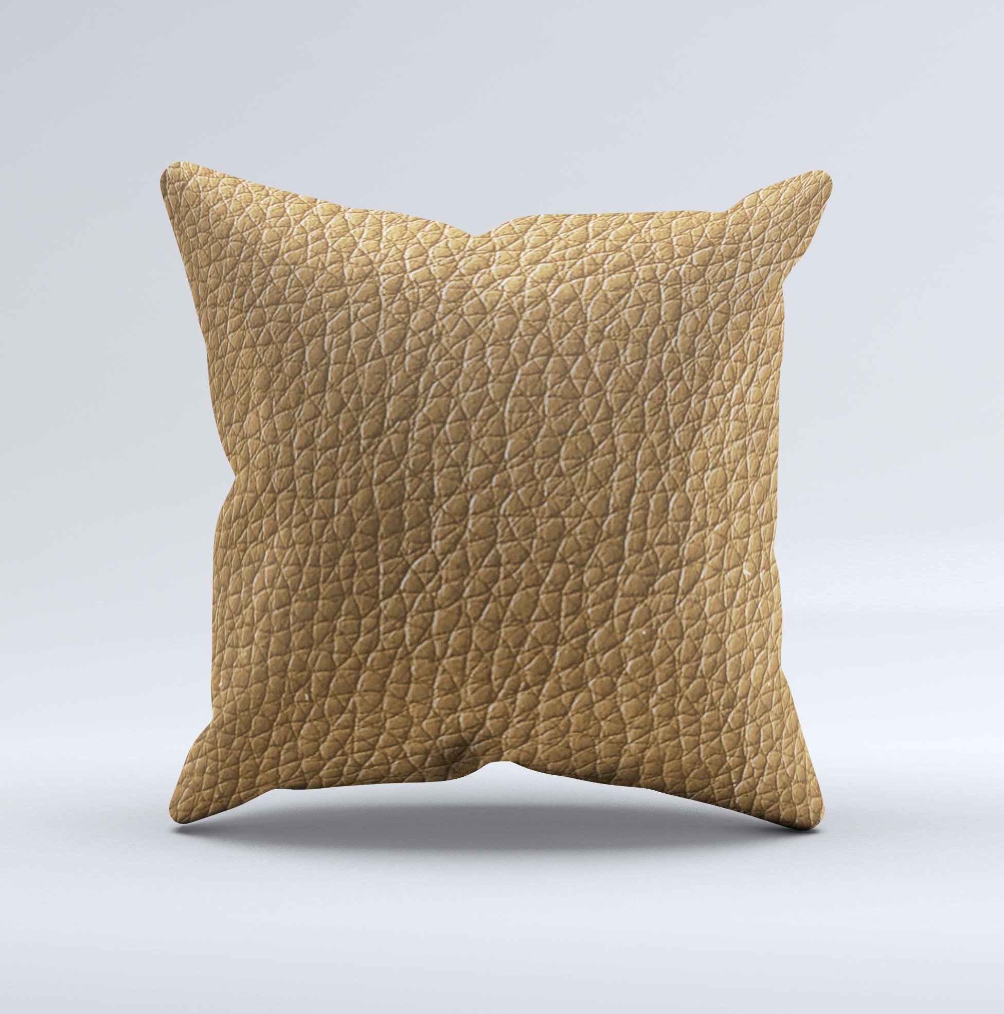 Light Tan Leather Ink-Fuzed Decorative Throw Pillow with unique hand-produced graphic design, showcasing high-quality craftsmanship.