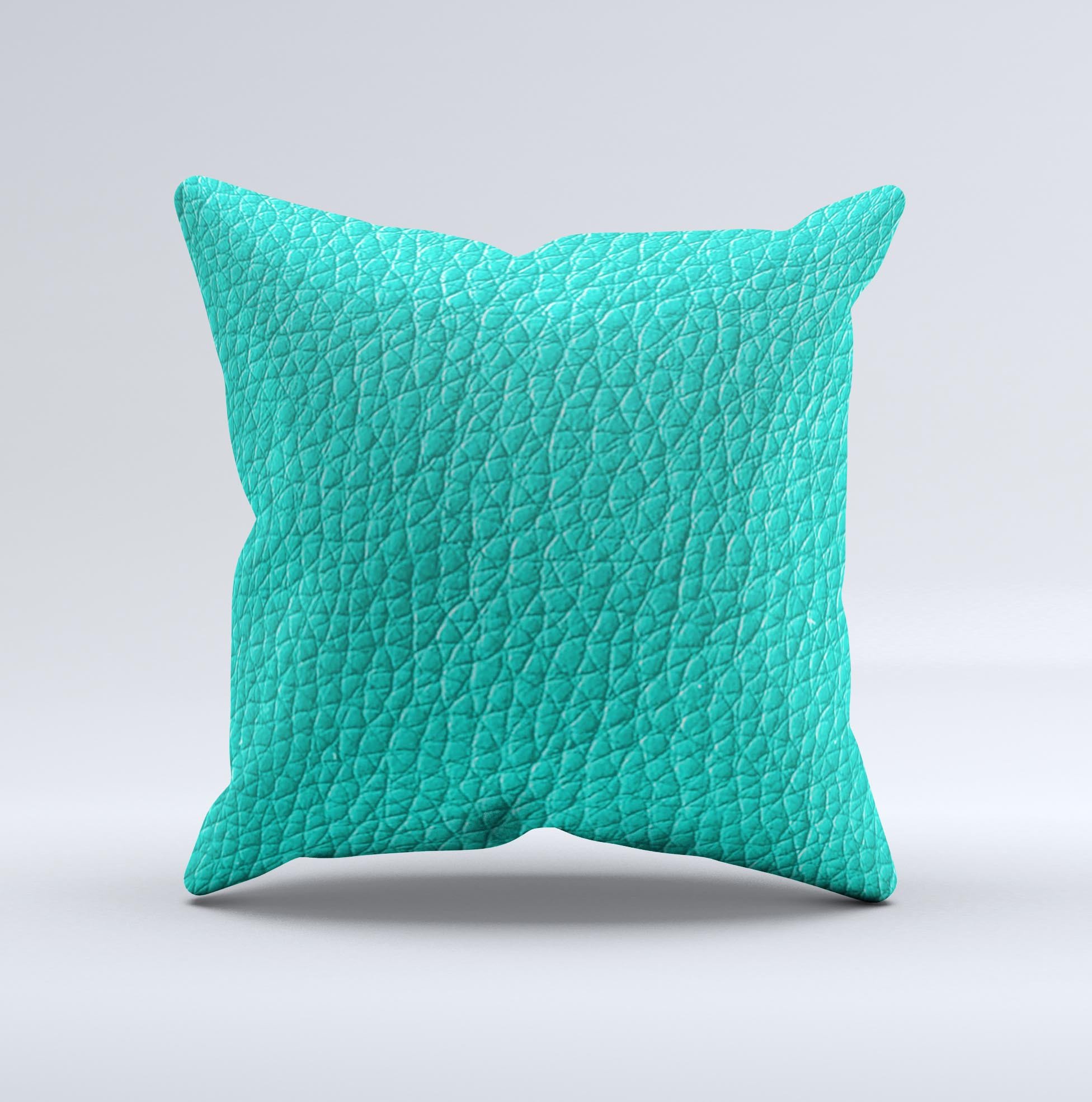 Light teal leather decorative throw pillow with unique ink-fuzed design, handcrafted in Virginia.