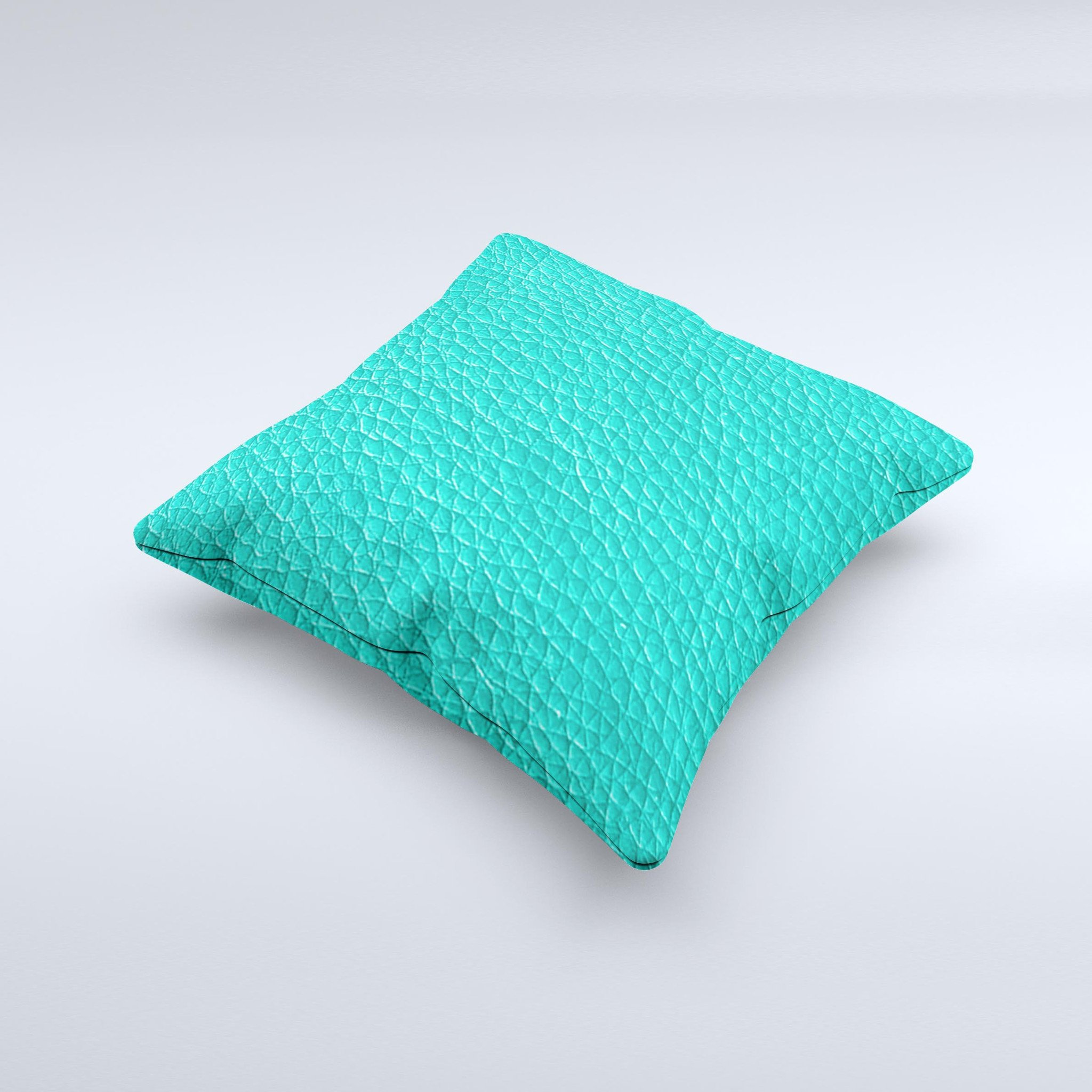 Light teal leather decorative throw pillow with unique ink-fuzed design, handcrafted in Virginia.