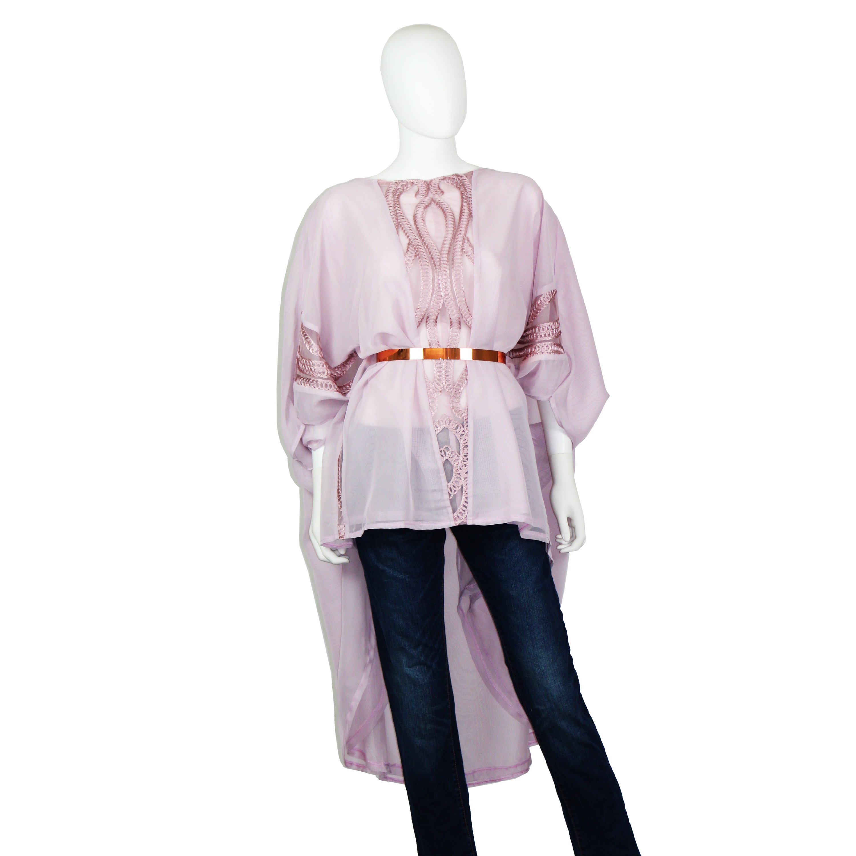 Lilac Corded Caftan Blouse featuring embroidered corded inserts, made from 100% polyester, showcasing a relaxed fit.