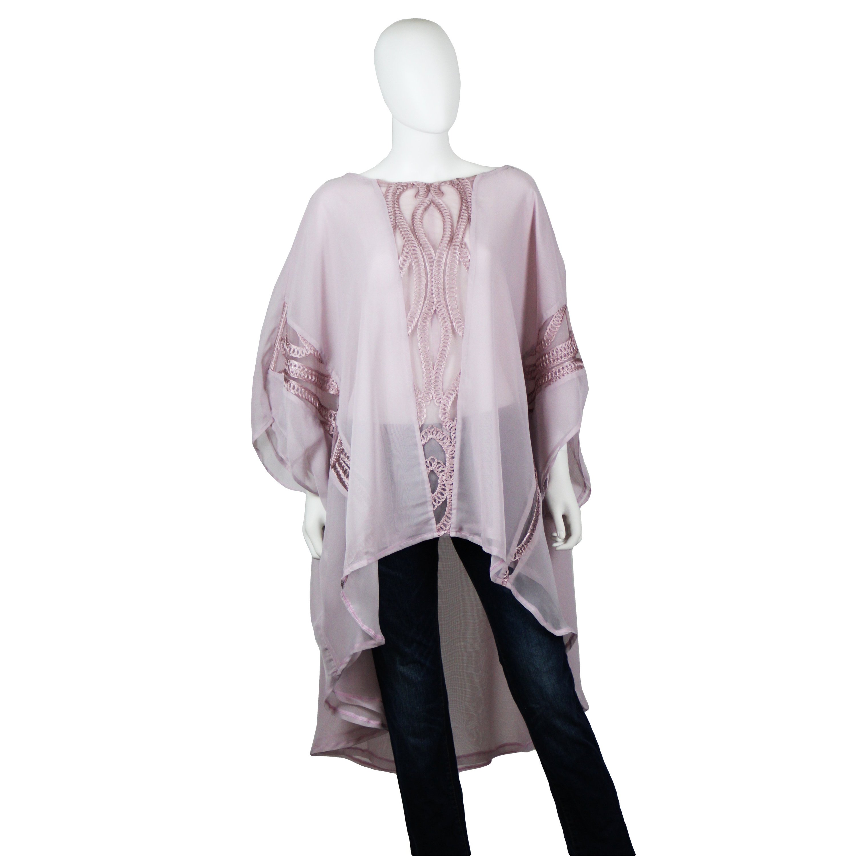 Lilac Corded Caftan Blouse featuring embroidered corded inserts, made from 100% polyester, showcasing a relaxed fit.