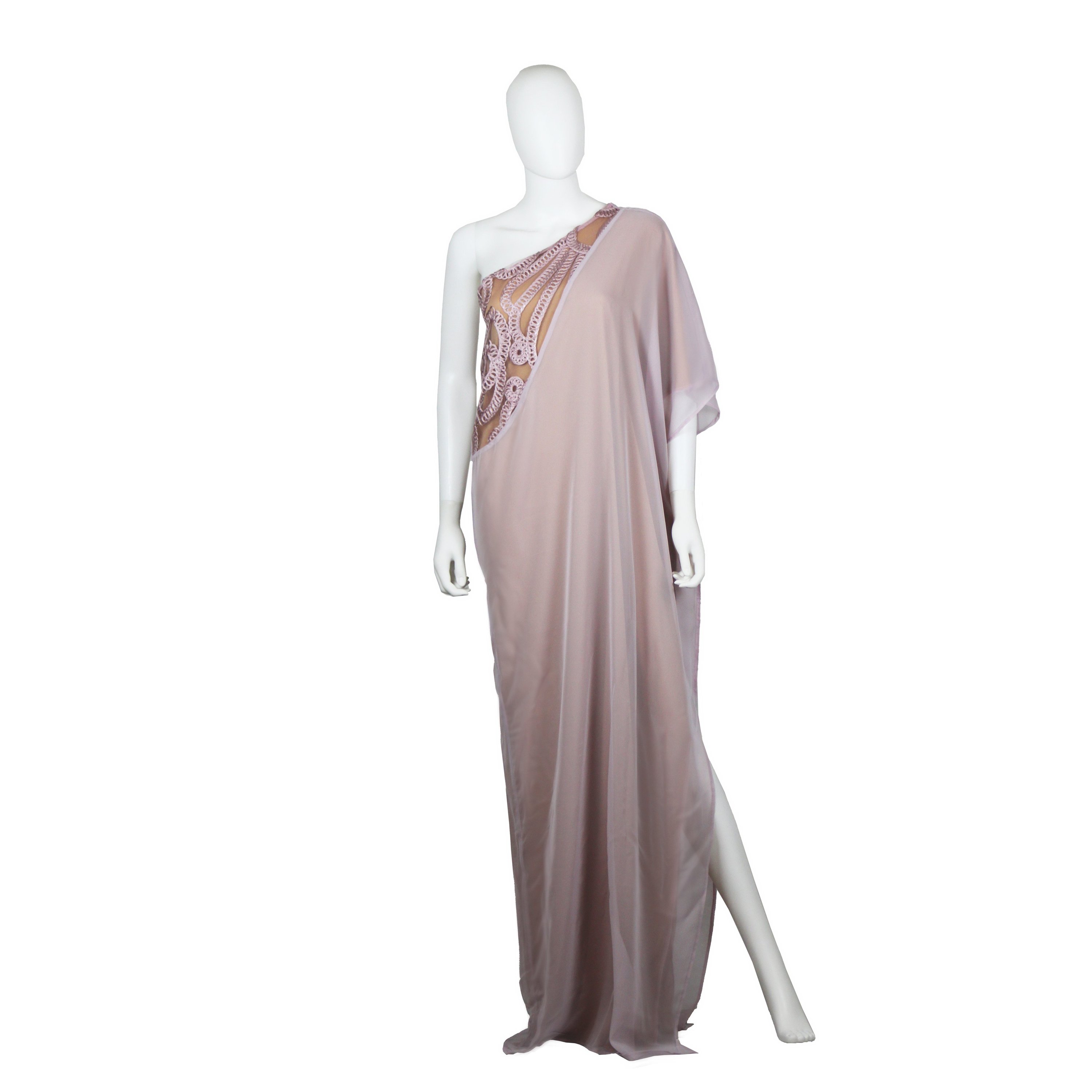 Lilac One Shoulder Corded Caftan with elegant corded embellishments and nude lining, showcasing a unique handmade design.