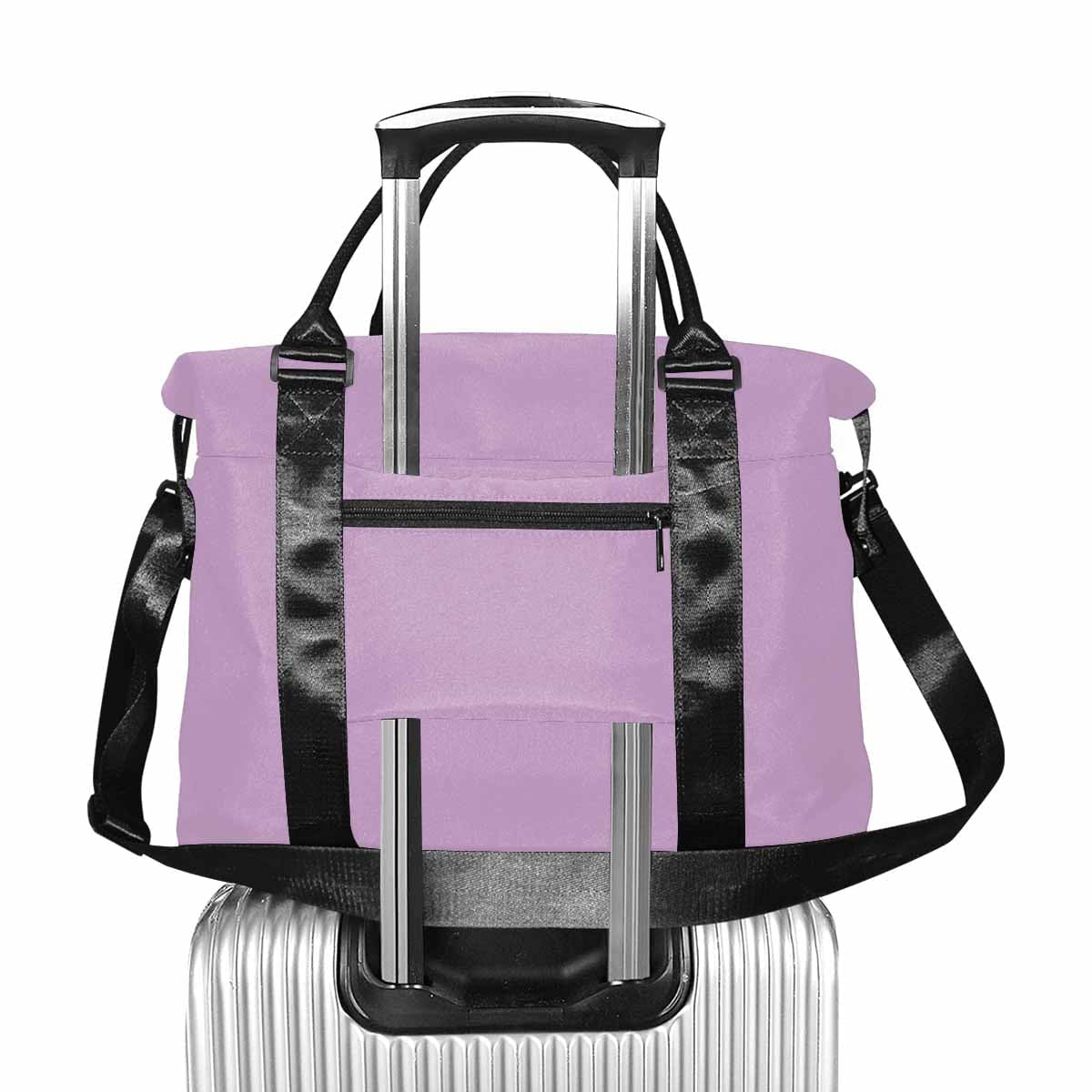 Lilac purple duffel bag made from durable oxford fabric with adjustable strap and multiple pockets.