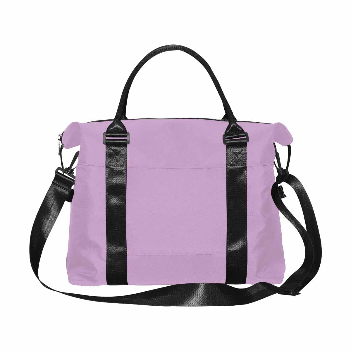 Lilac purple duffel bag made from durable oxford fabric with adjustable strap and multiple pockets.