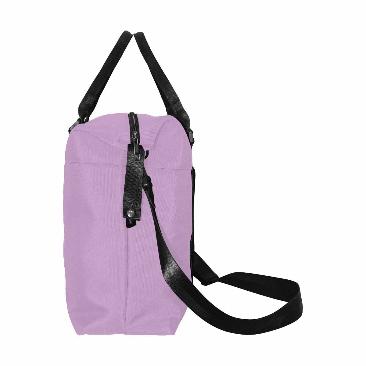 Lilac purple duffel bag made from durable oxford fabric with adjustable strap and multiple pockets.