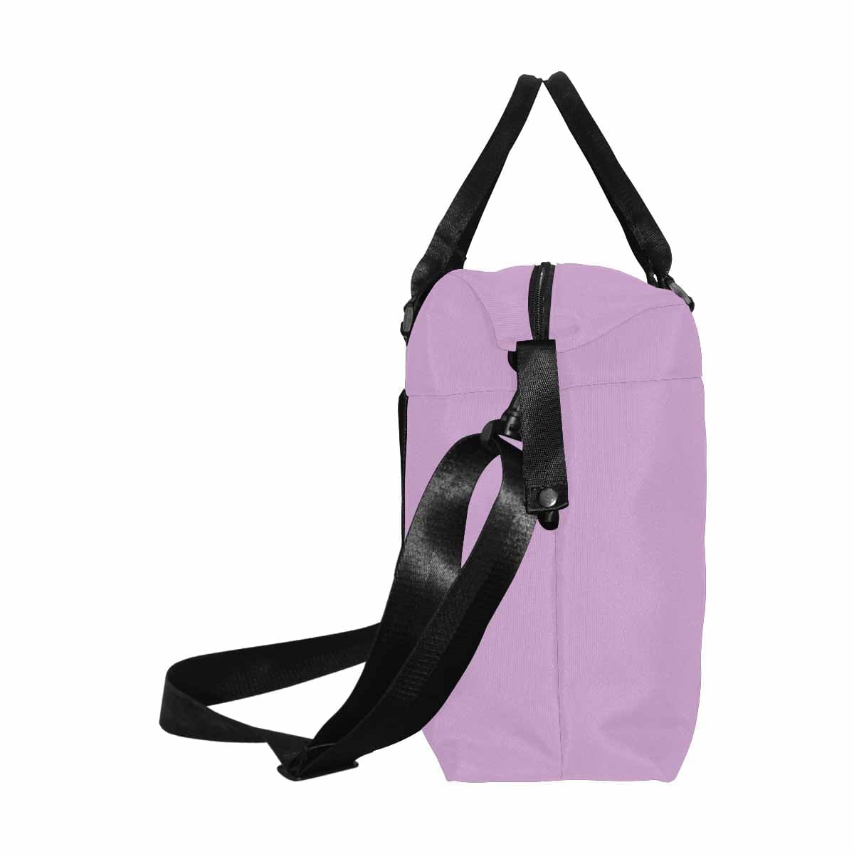 Lilac purple duffel bag made from durable oxford fabric with adjustable strap and multiple pockets.