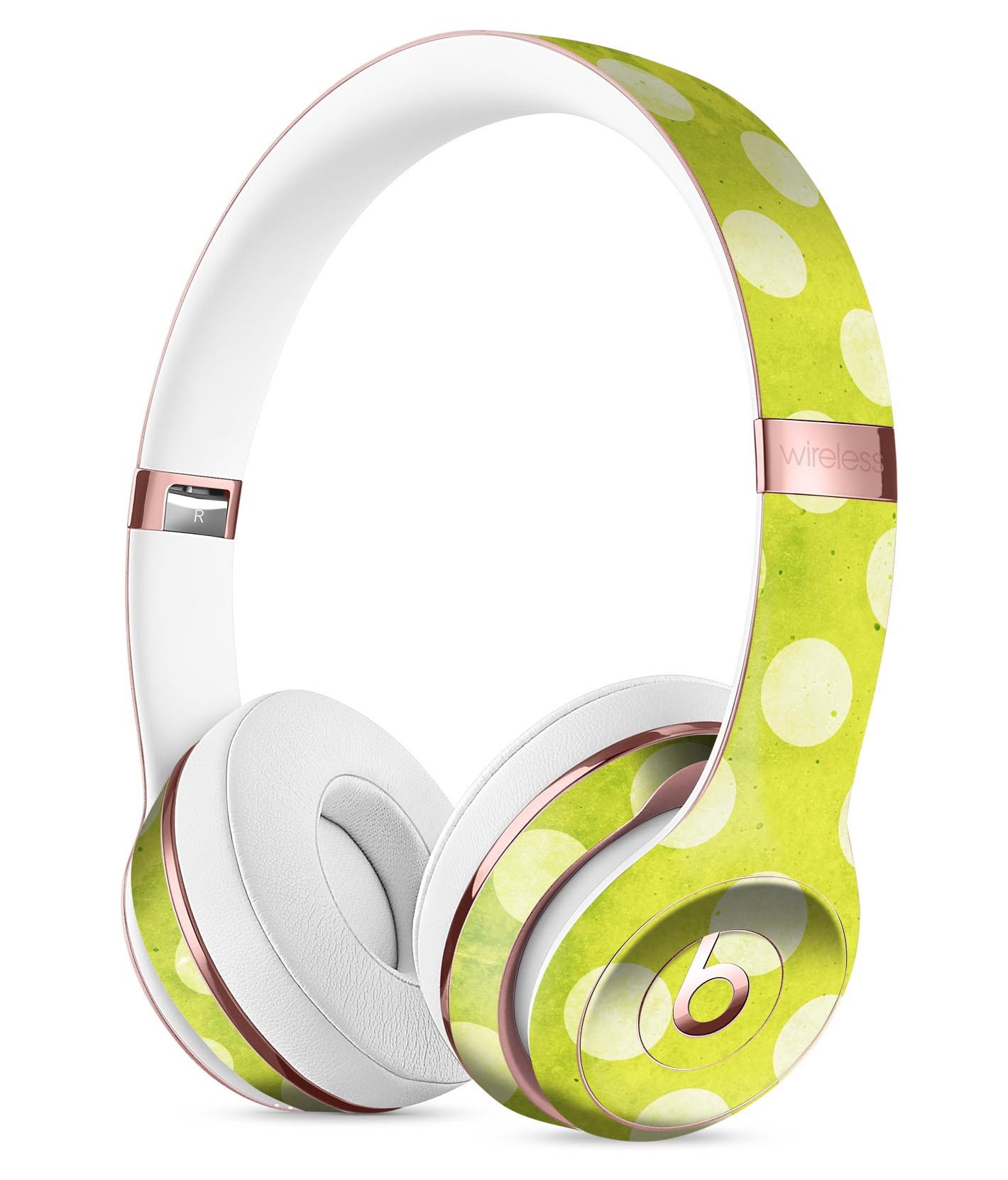 Lime green and white polkadots skin kit for Beats by Dre Solo 3 Wireless headphones, showcasing vibrant design and premium quality.