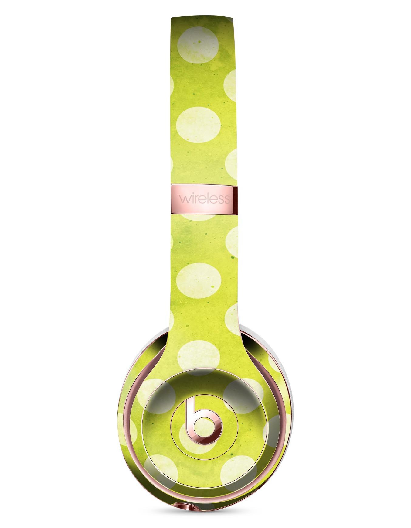 Lime green and white polkadots skin kit for Beats by Dre Solo 3 Wireless headphones, showcasing vibrant design and premium quality.