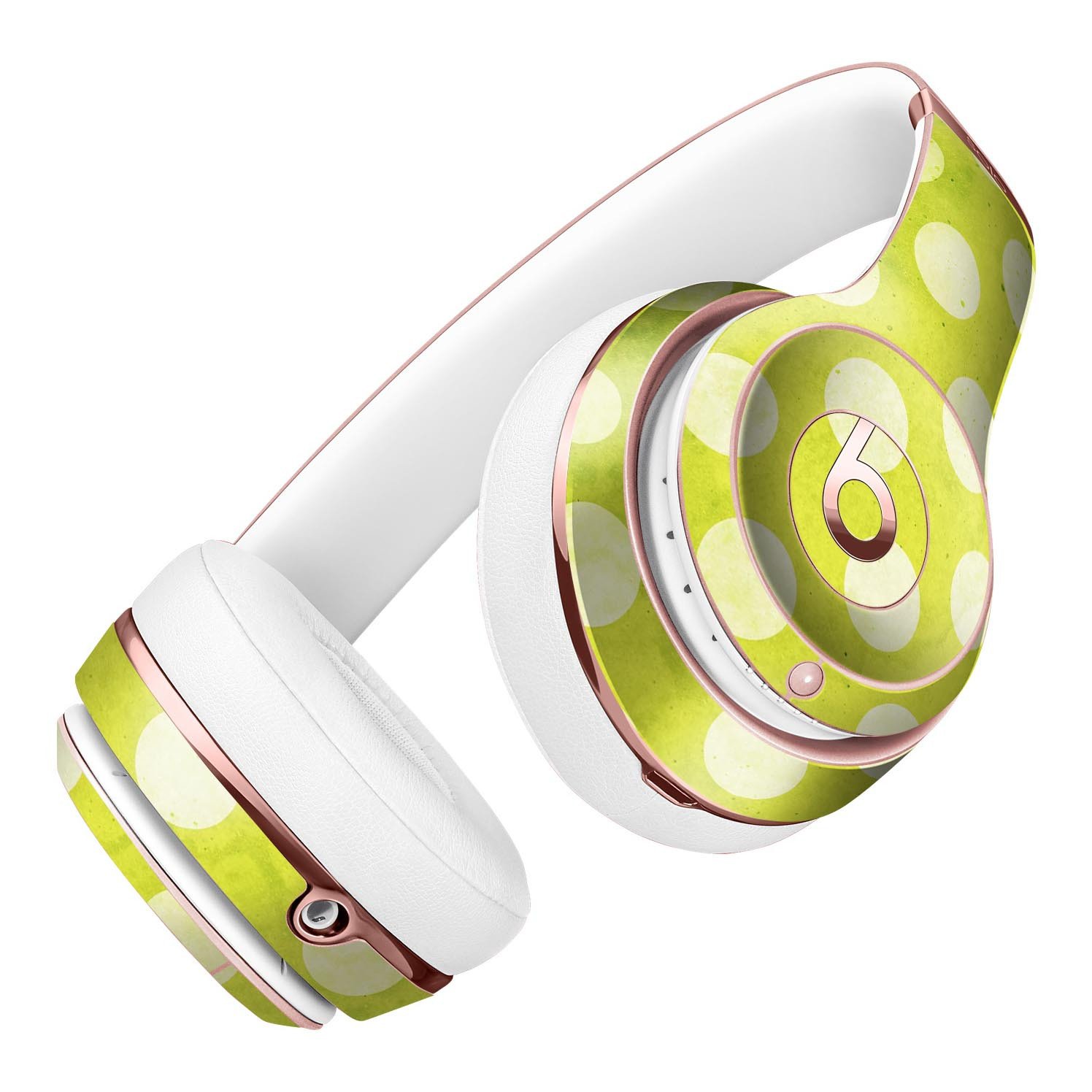 Lime green and white polkadots skin kit for Beats by Dre Solo 3 Wireless headphones, showcasing vibrant design and premium quality.