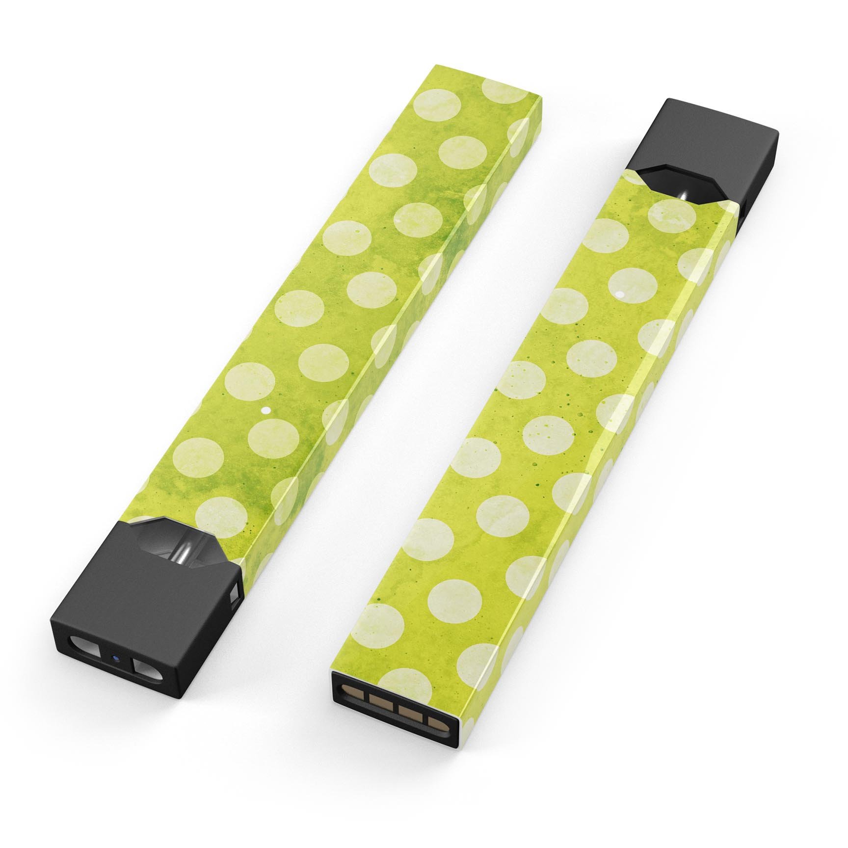 Lime green and white polkadots skin-wrap for JUUL vaping device, showcasing vibrant colors and precise cut for a perfect fit.