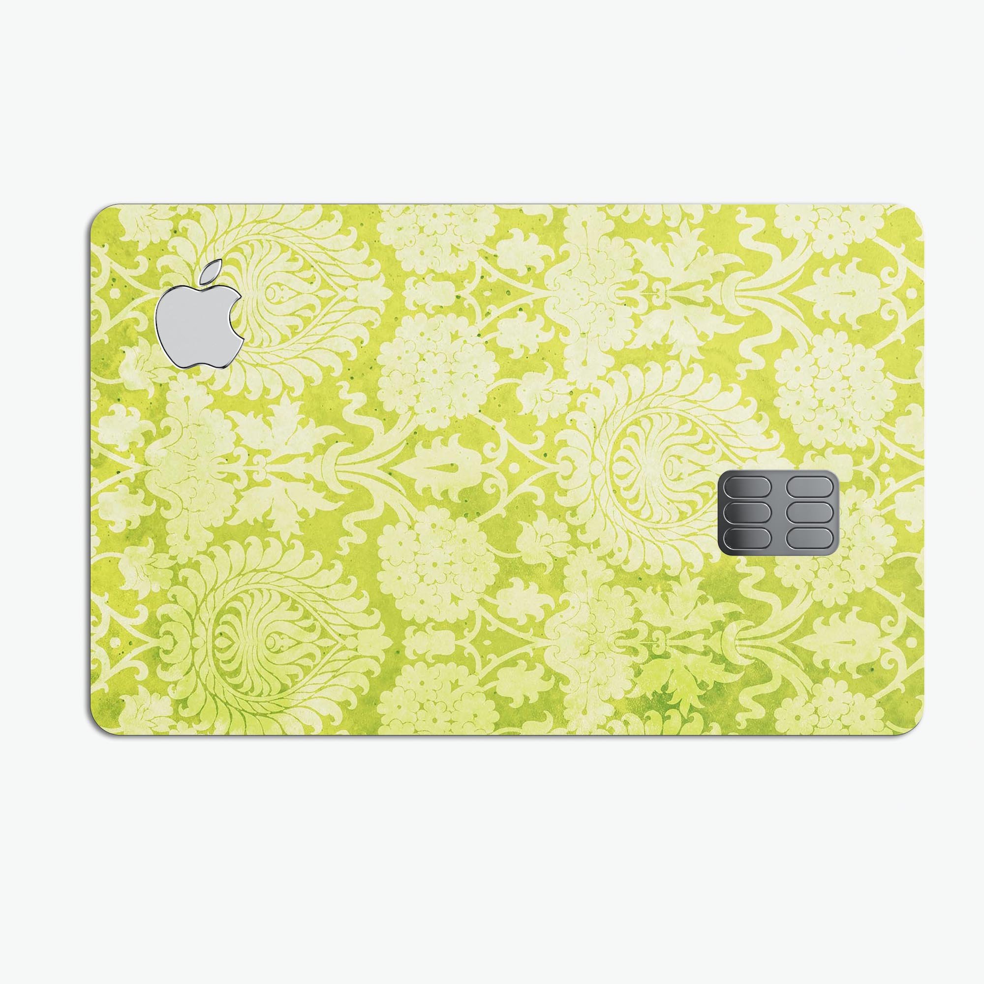 Lime Green Floral Rococo Pattern skin applied to an Apple Card, showcasing vibrant floral design and premium finish.