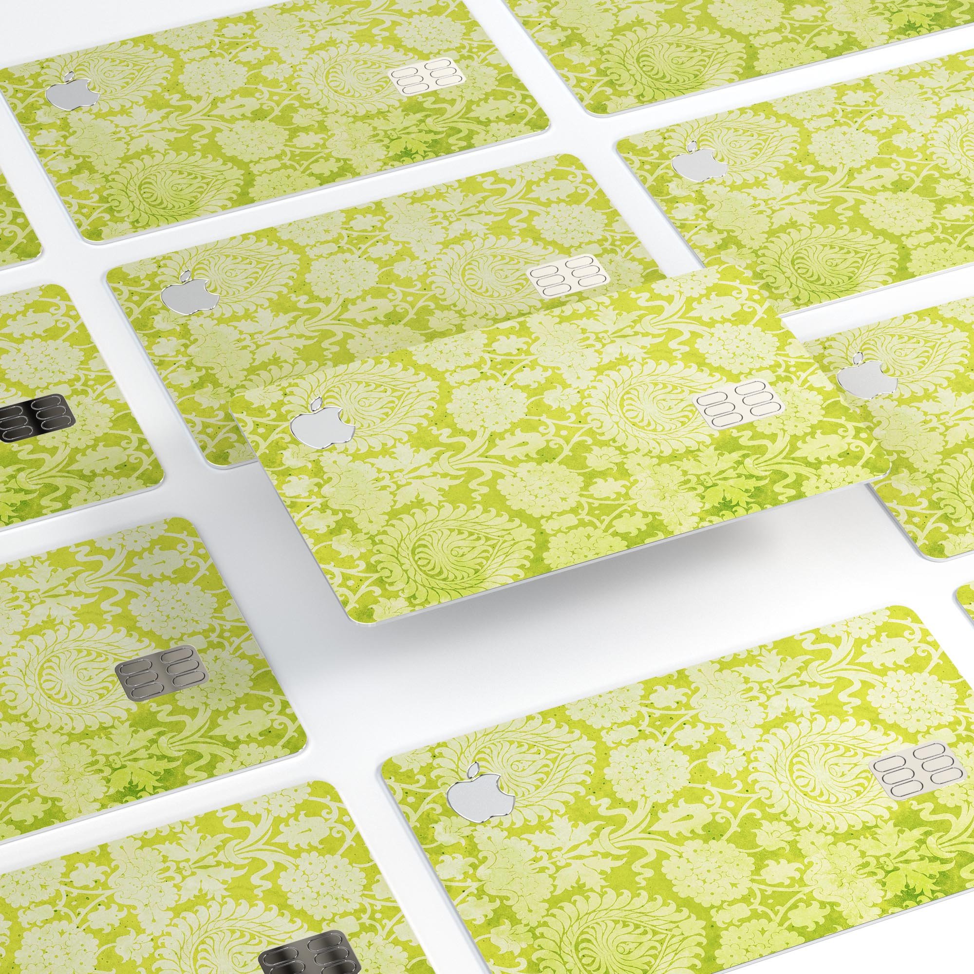 Lime Green Floral Rococo Pattern skin applied to an Apple Card, showcasing vibrant floral design and premium finish.