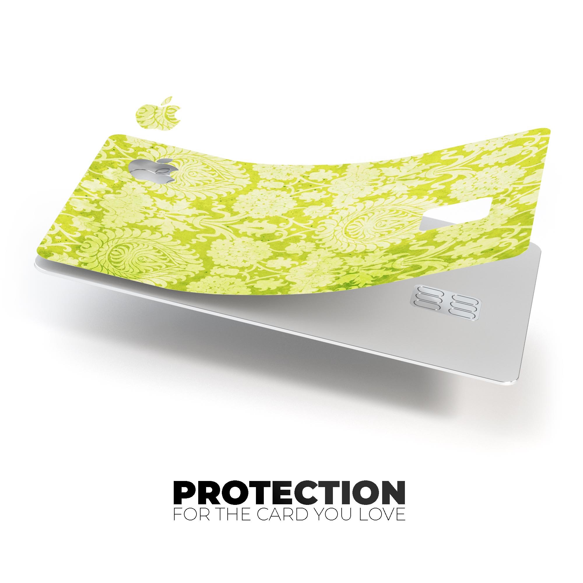 Lime Green Floral Rococo Pattern skin applied to an Apple Card, showcasing vibrant floral design and premium finish.