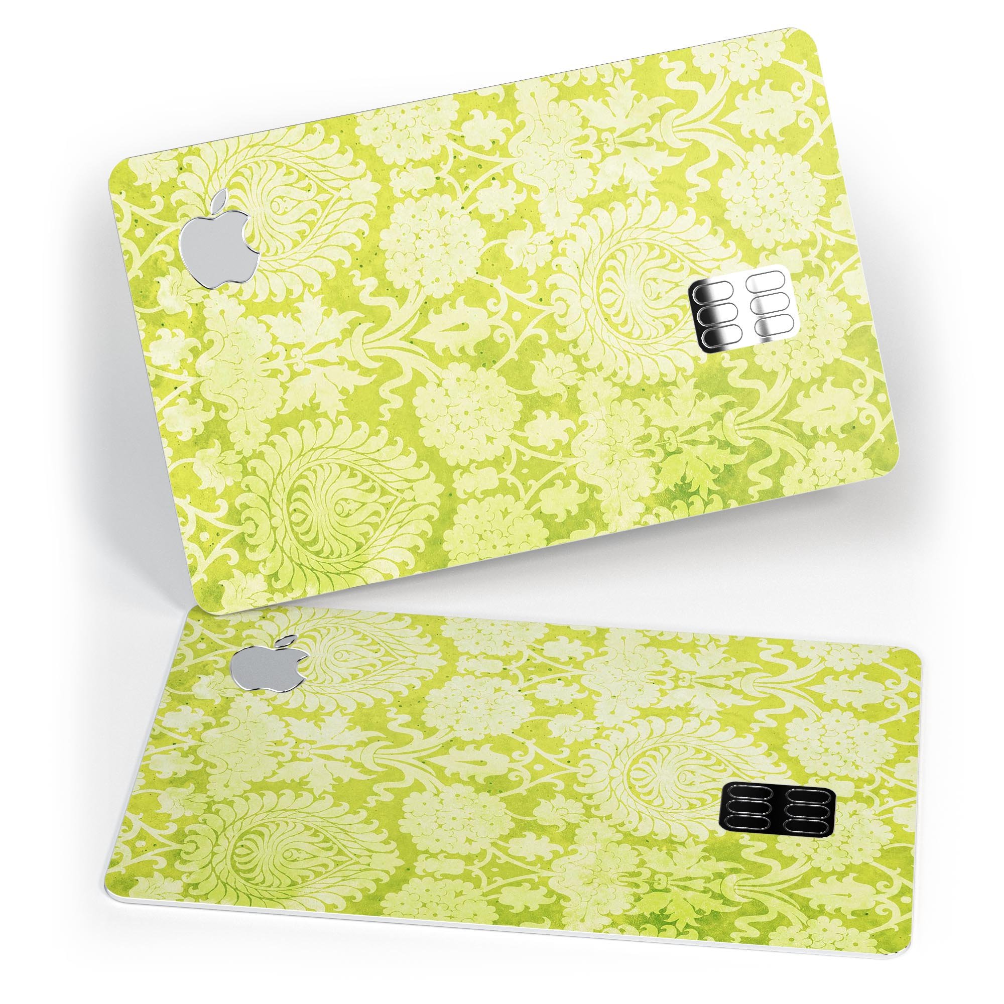 Lime Green Floral Rococo Pattern skin applied to an Apple Card, showcasing vibrant floral design and premium finish.