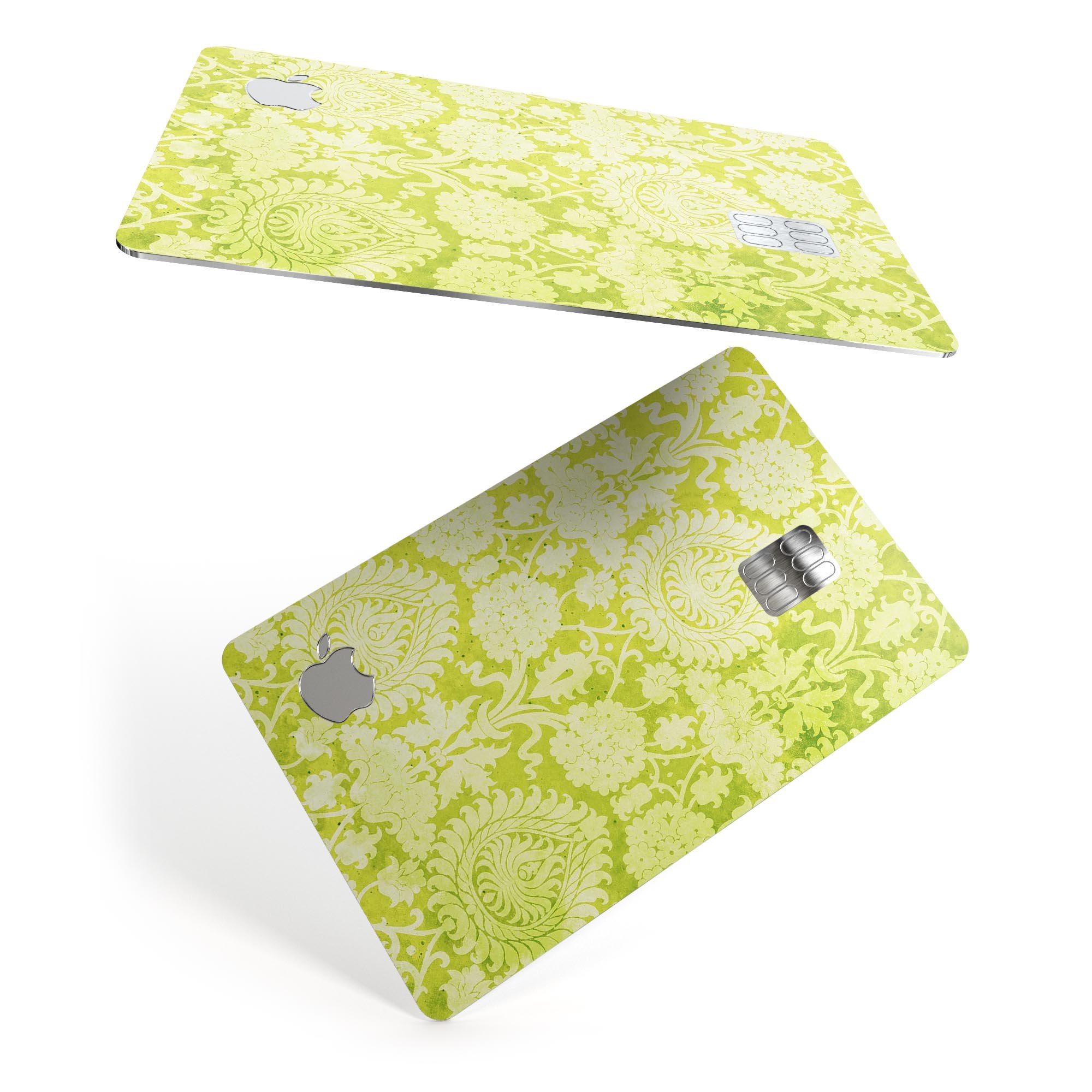 Lime Green Floral Rococo Pattern skin applied to an Apple Card, showcasing vibrant floral design and premium finish.