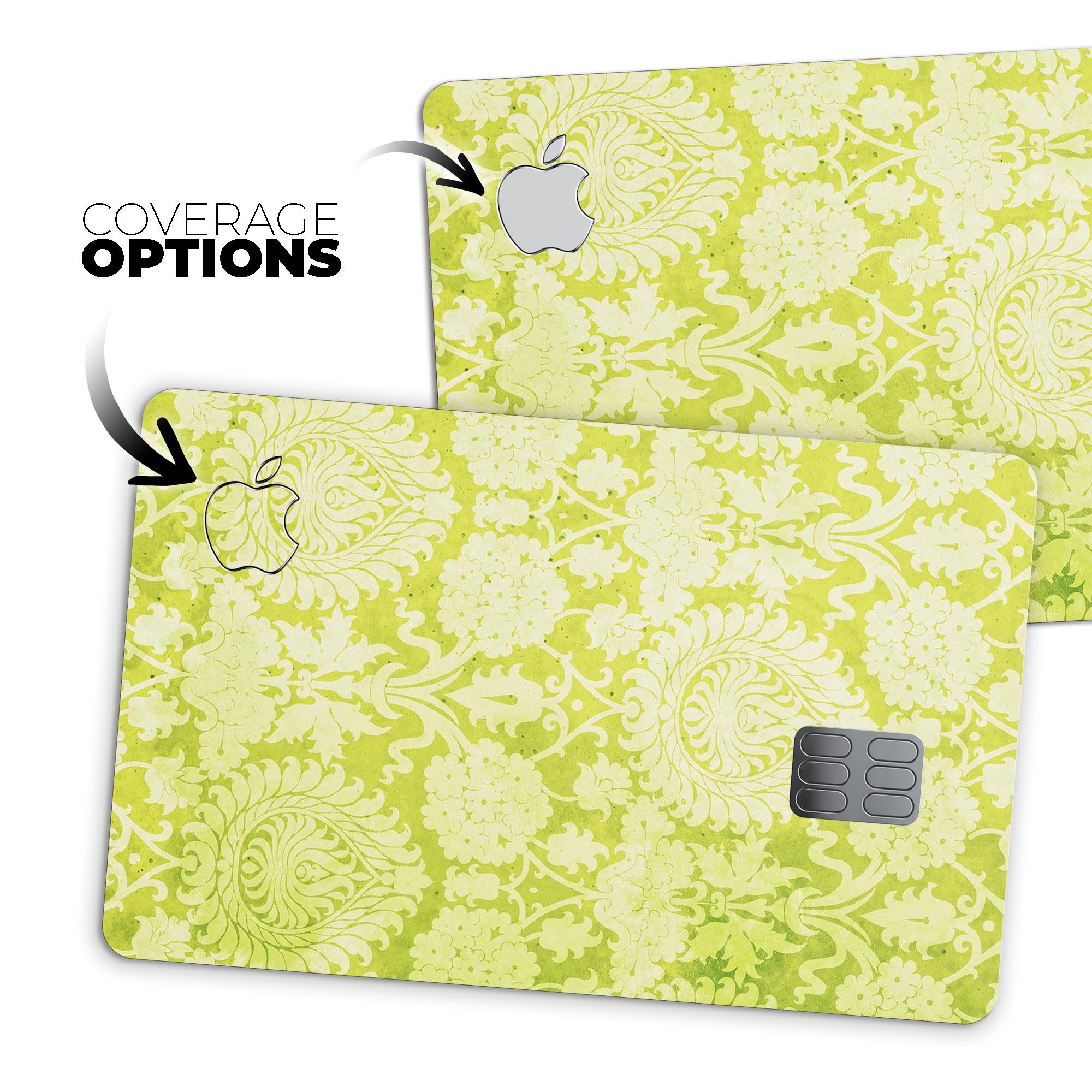 Lime Green Floral Rococo Pattern skin applied to an Apple Card, showcasing vibrant floral design and premium finish.