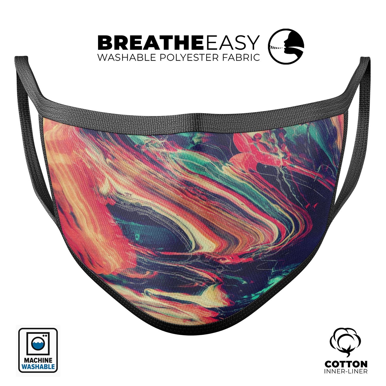 Liquid Abstract Paint Remix V10 face mask featuring vibrant colors and a 3D design, made from 100% cotton and adjustable ear loops.