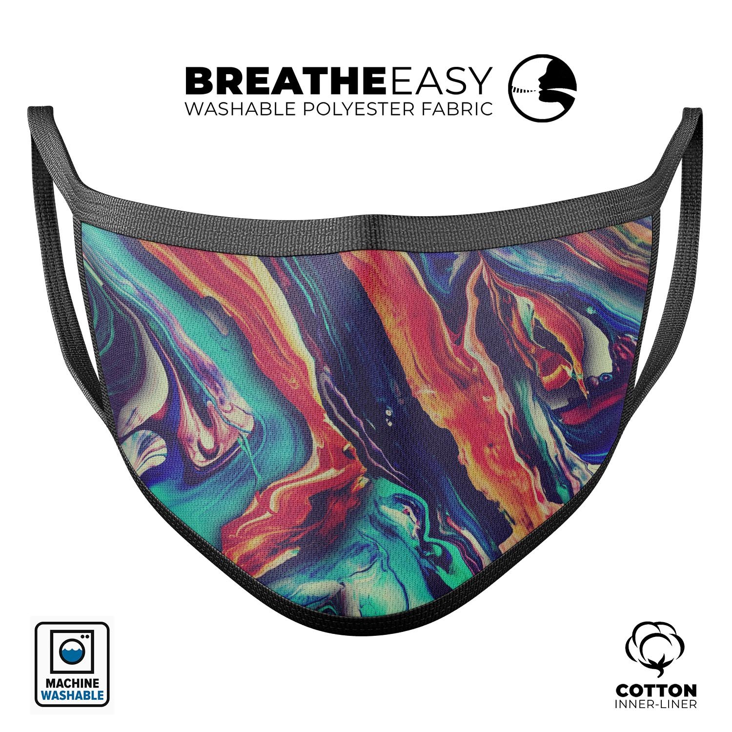 Liquid Abstract Paint Remix V3 face mask featuring vibrant colors and a comfortable design, made in the USA.