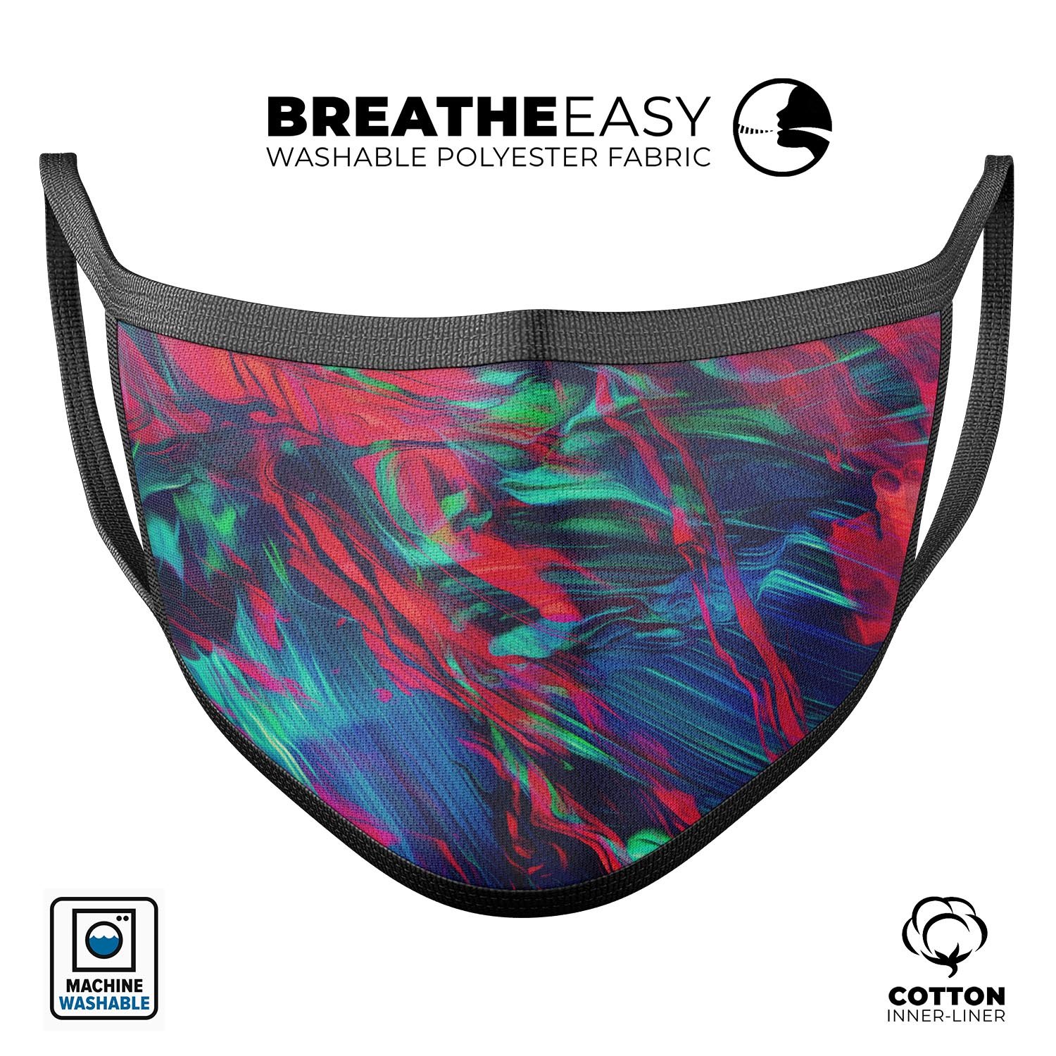 Liquid Abstract Paint Remix V4 mouth cover, featuring vibrant colors and a comfortable design, made in the USA.