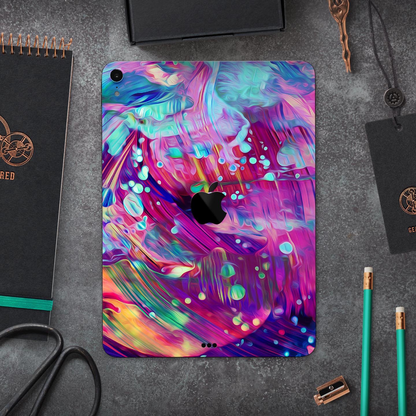 Liquid Abstract Paint Remix V41 skin decal for Apple devices, showcasing vibrant colors and a sleek design.