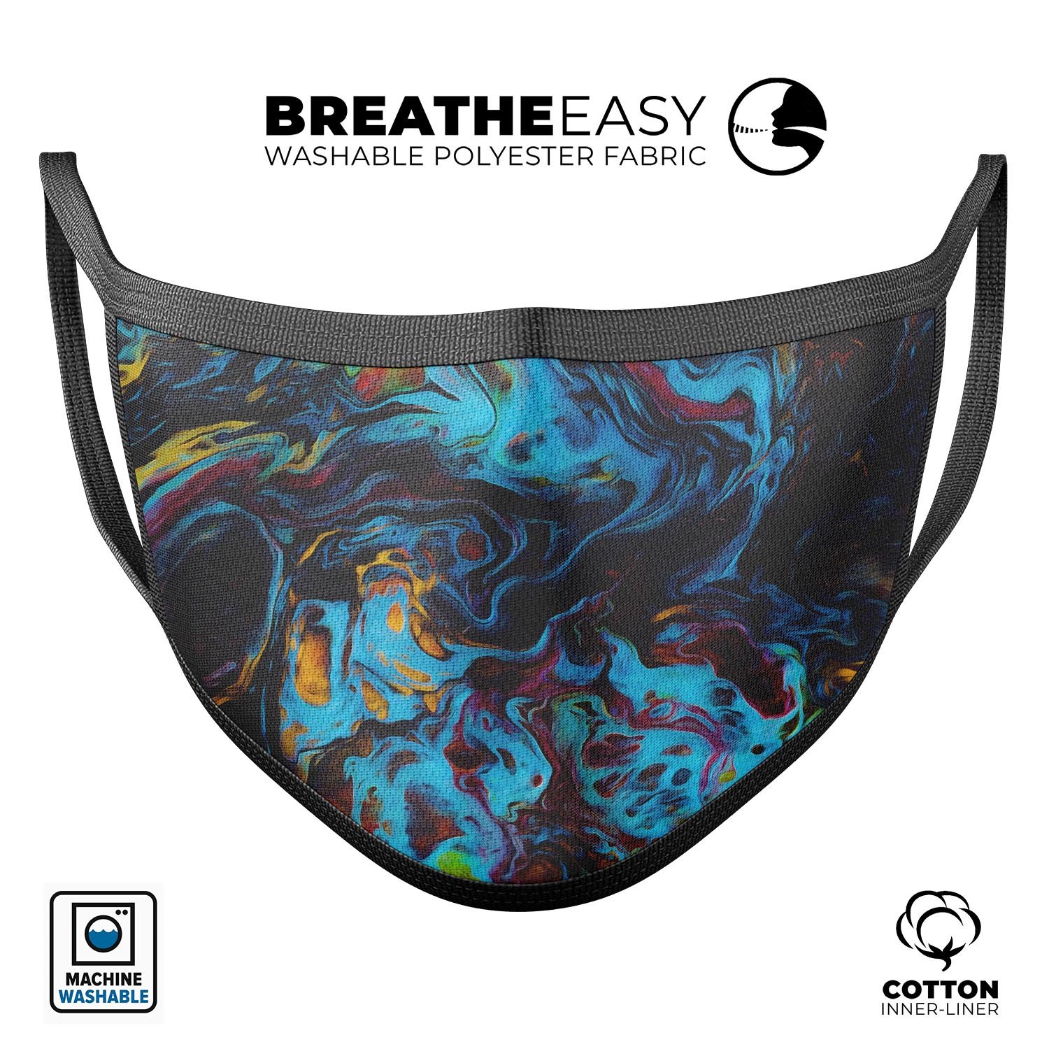 Liquid Abstract Paint Remix V43 unisex mouth cover, featuring vibrant dye-sublimated design, adjustable ear loops, and soft cotton interior.