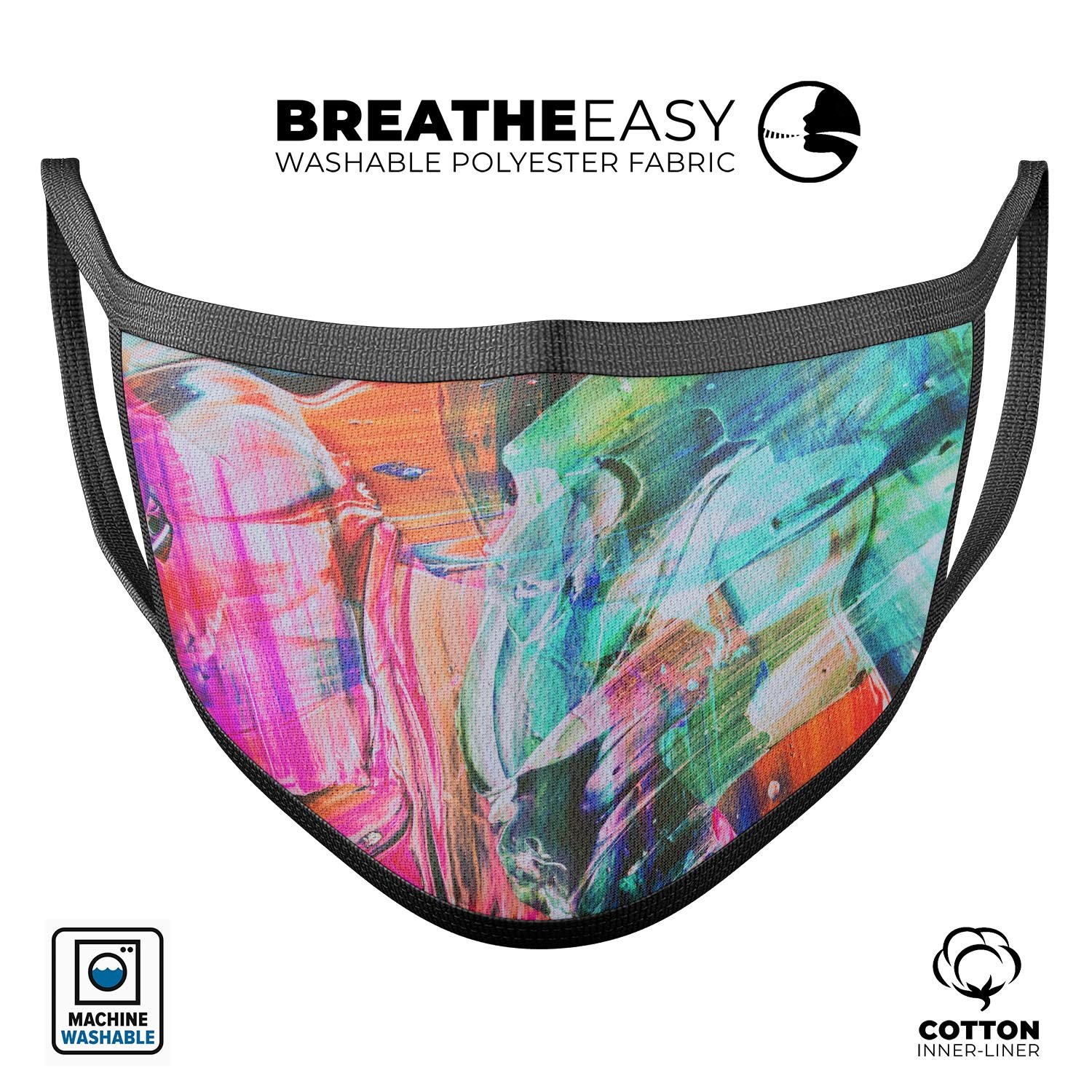 Liquid Abstract Paint Remix V55 face mask featuring a colorful abstract design, made from soft cotton and adjustable ear loops for a comfortable fit.