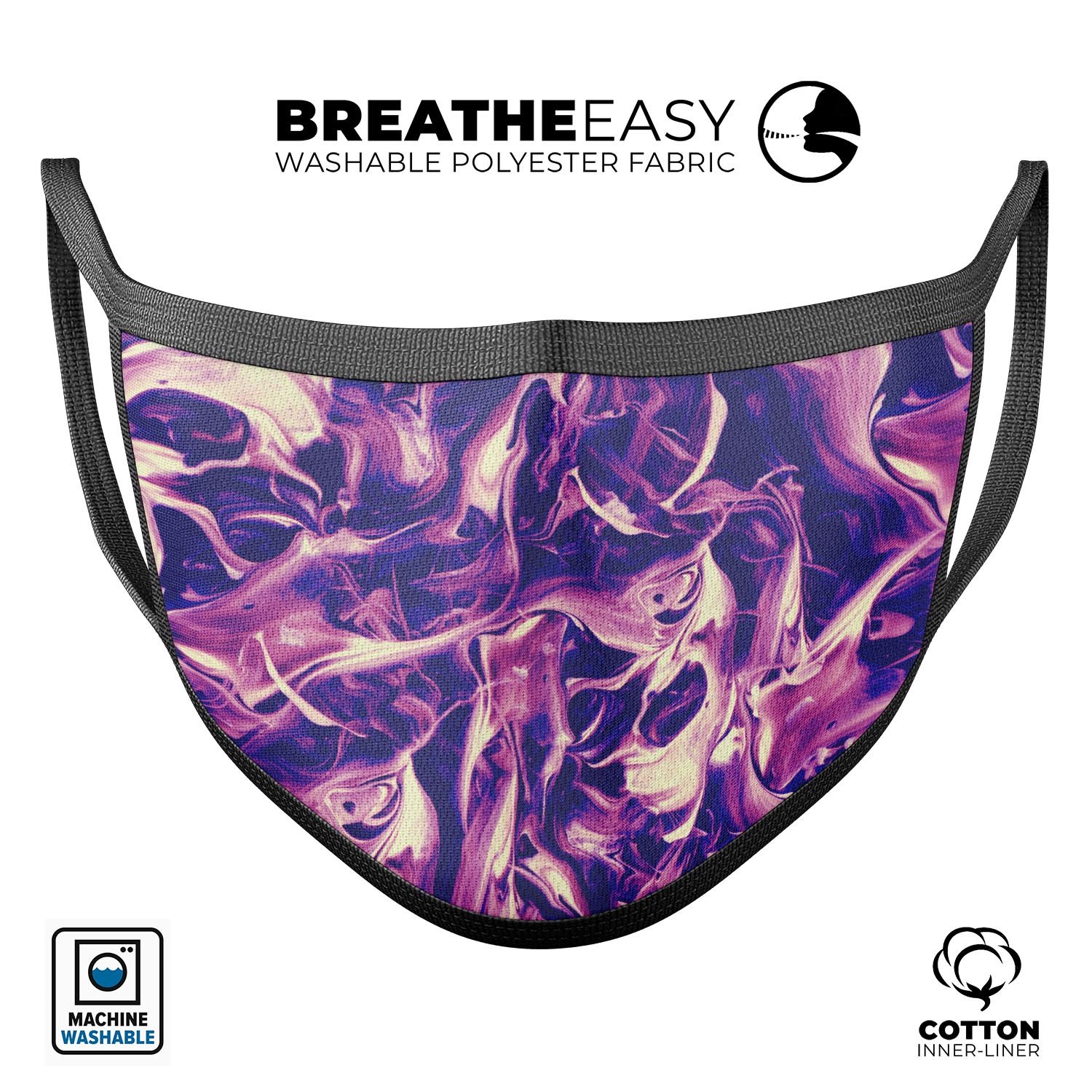 Liquid Abstract Paint Remix V63 unisex mouth cover featuring vibrant dye-sublimated design, adjustable ear loops, and soft cotton interior.