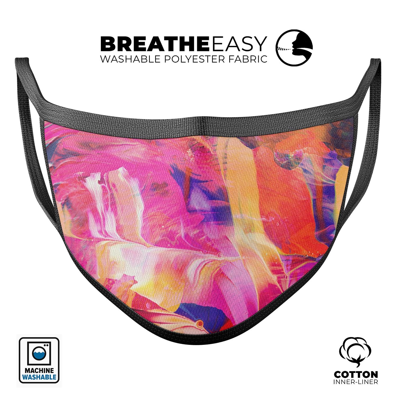 Liquid Abstract Paint Remix V68 face mask, featuring a colorful abstract design, made of cotton and memory foam for comfort.