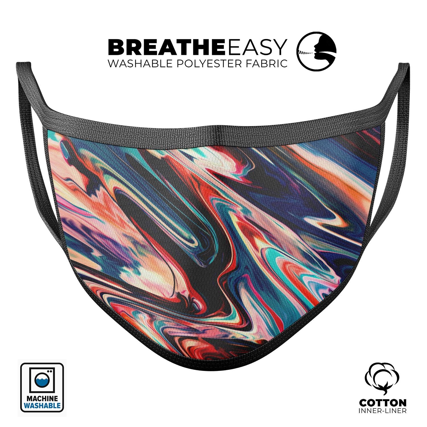 Liquid Abstract Paint Remix V8 face mask featuring vibrant colors and a comfortable design, made in the USA.