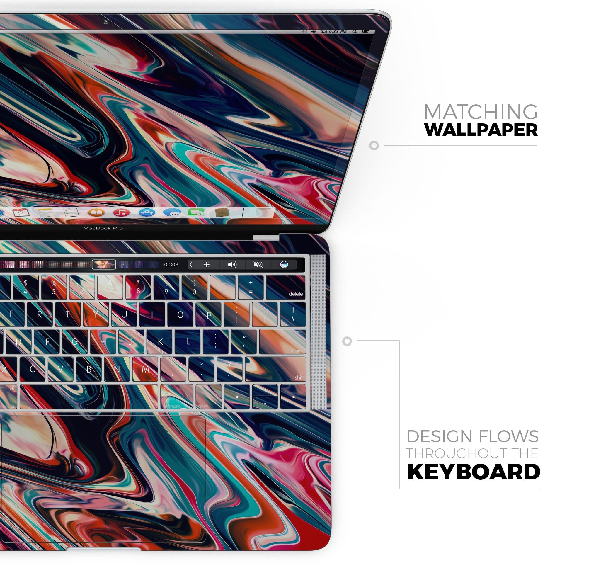 Liquid Abstract Paint Remix V8 skin decal wrap kit for MacBook, showcasing vibrant colors and a sleek design.