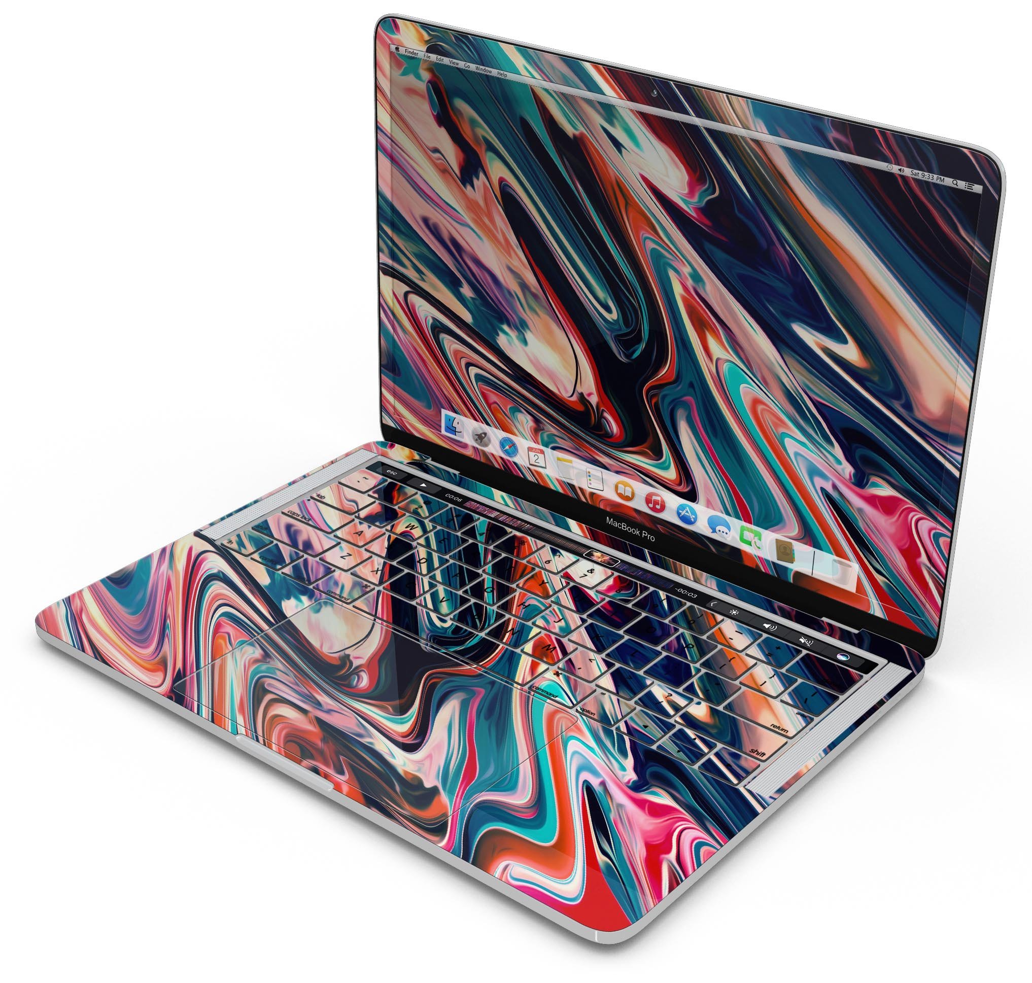 Liquid Abstract Paint Remix V8 skin decal wrap kit for MacBook, showcasing vibrant colors and a sleek design.