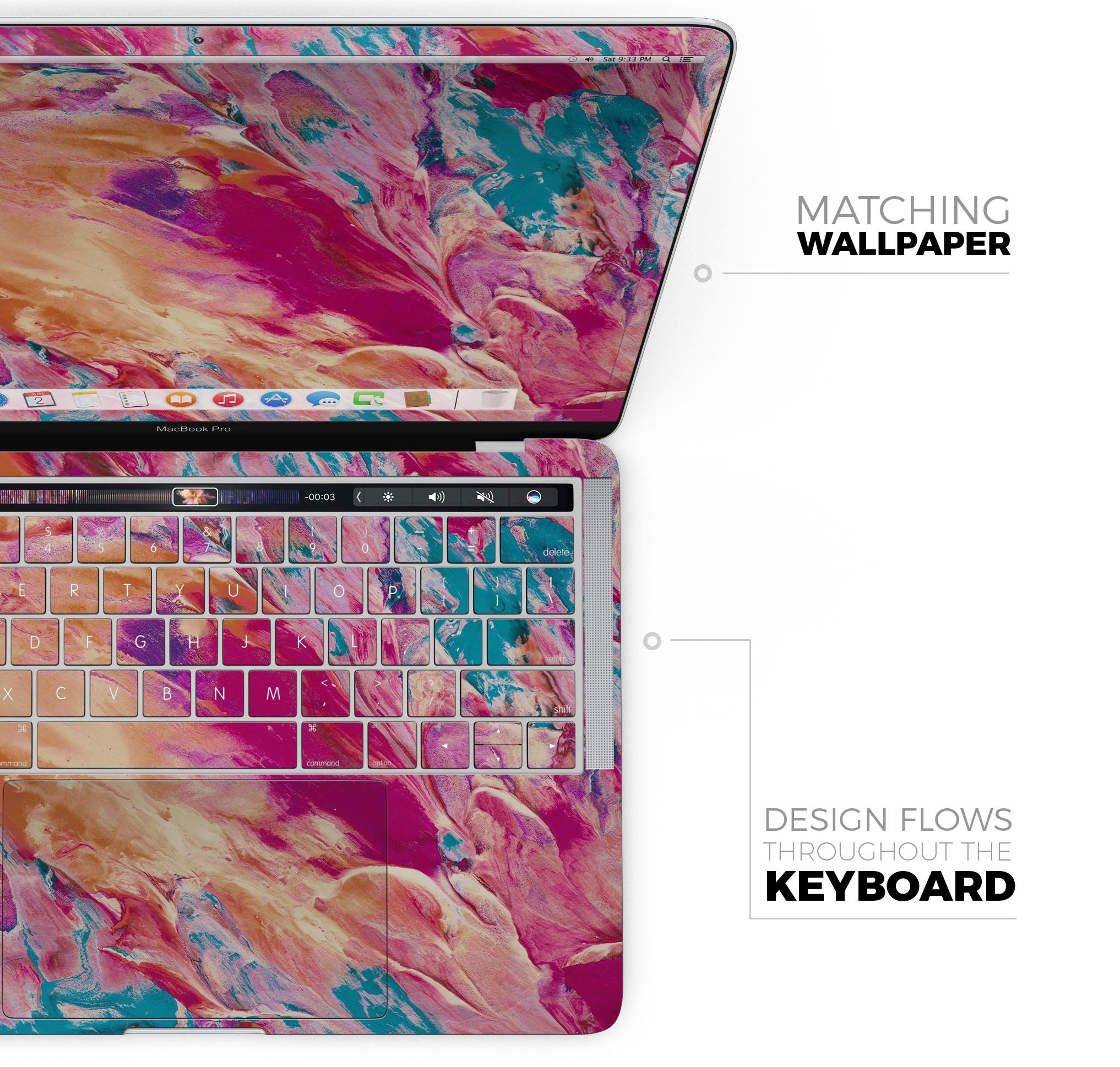 Liquid Abstract Paint Remix V90 skin decal wrap kit for MacBook, showcasing vibrant colors and a sleek design.