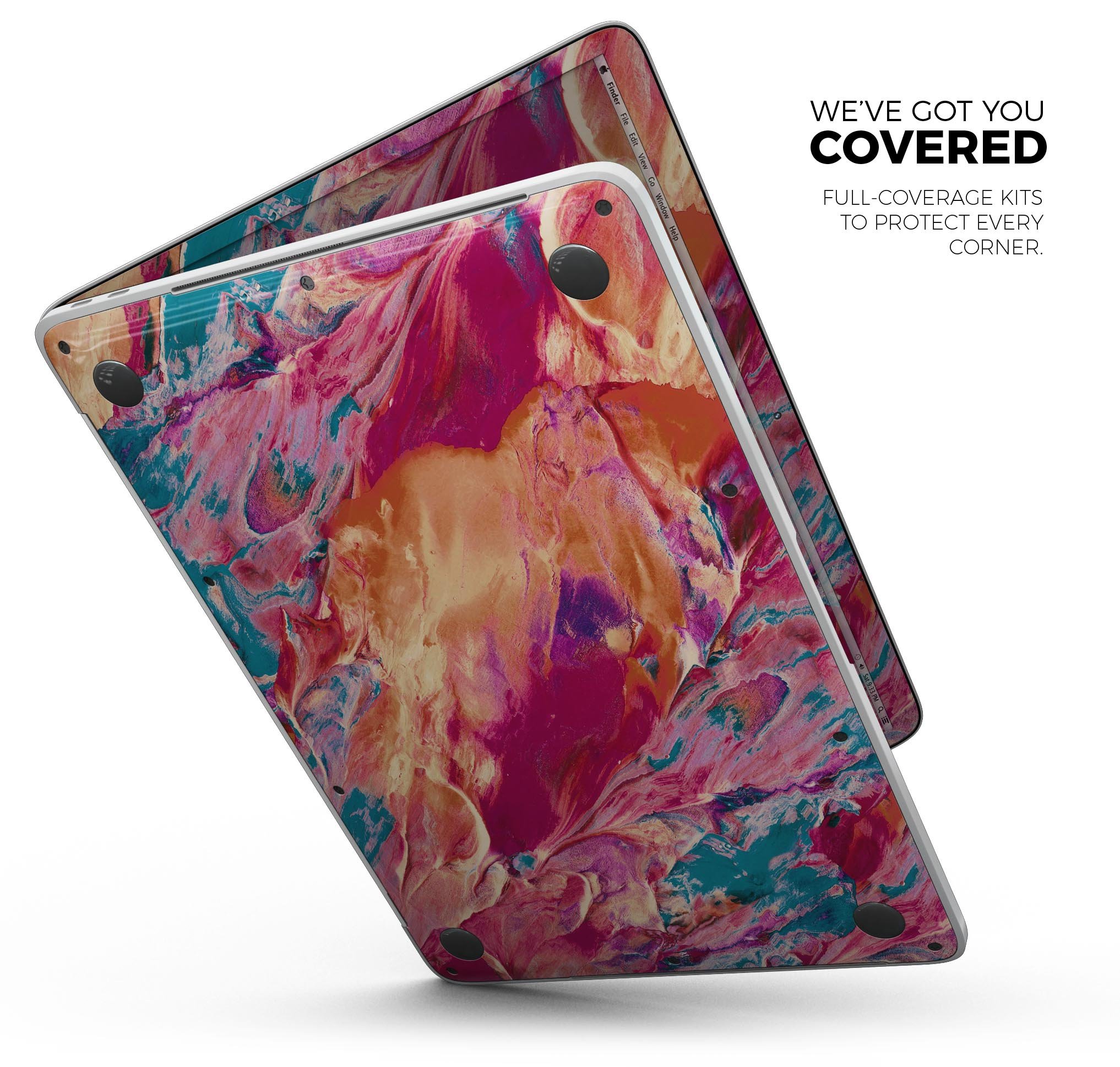 Liquid Abstract Paint Remix V90 skin decal wrap kit for MacBook, showcasing vibrant colors and a sleek design.