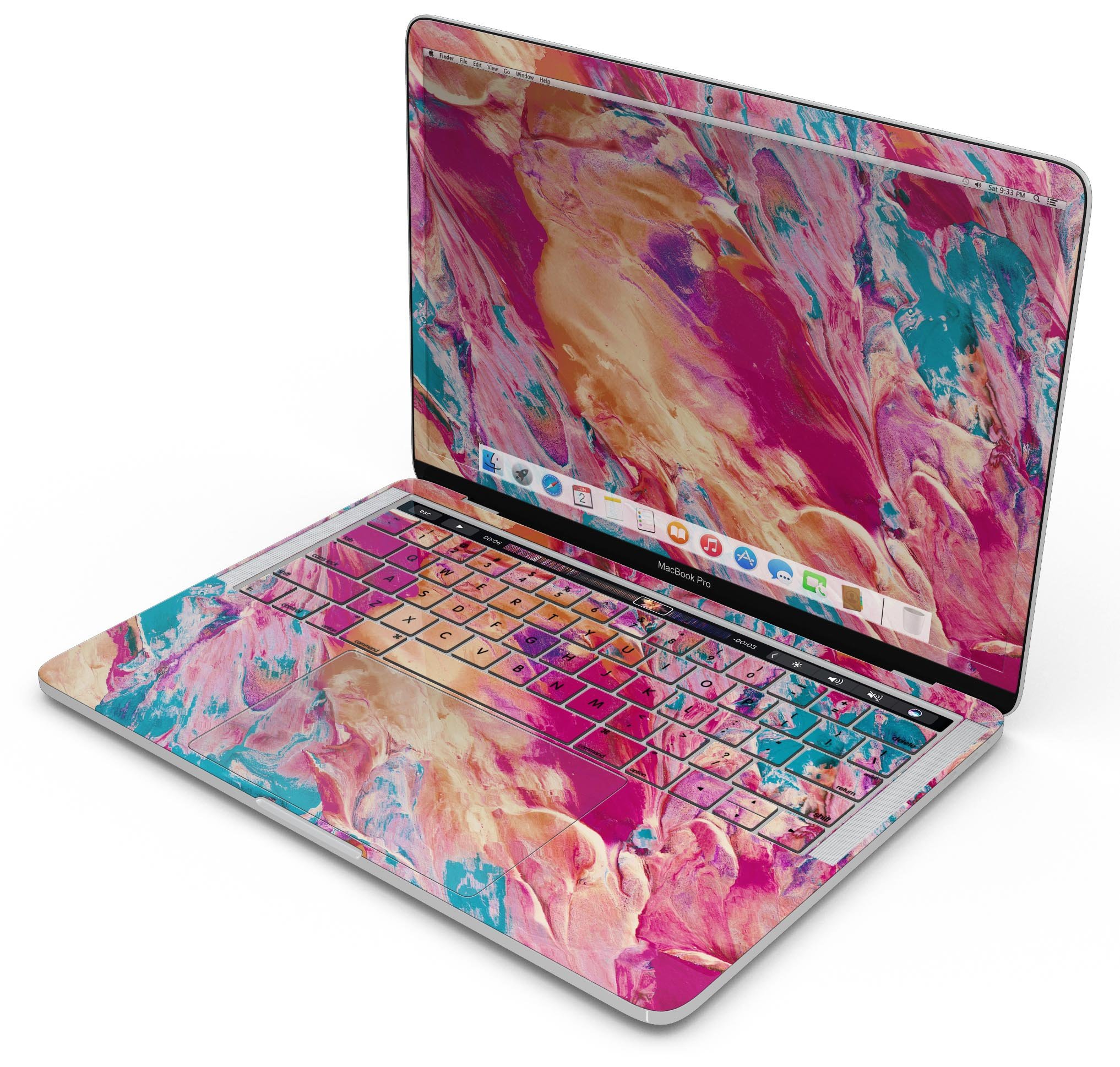 Liquid Abstract Paint Remix V90 skin decal wrap kit for MacBook, showcasing vibrant colors and a sleek design.