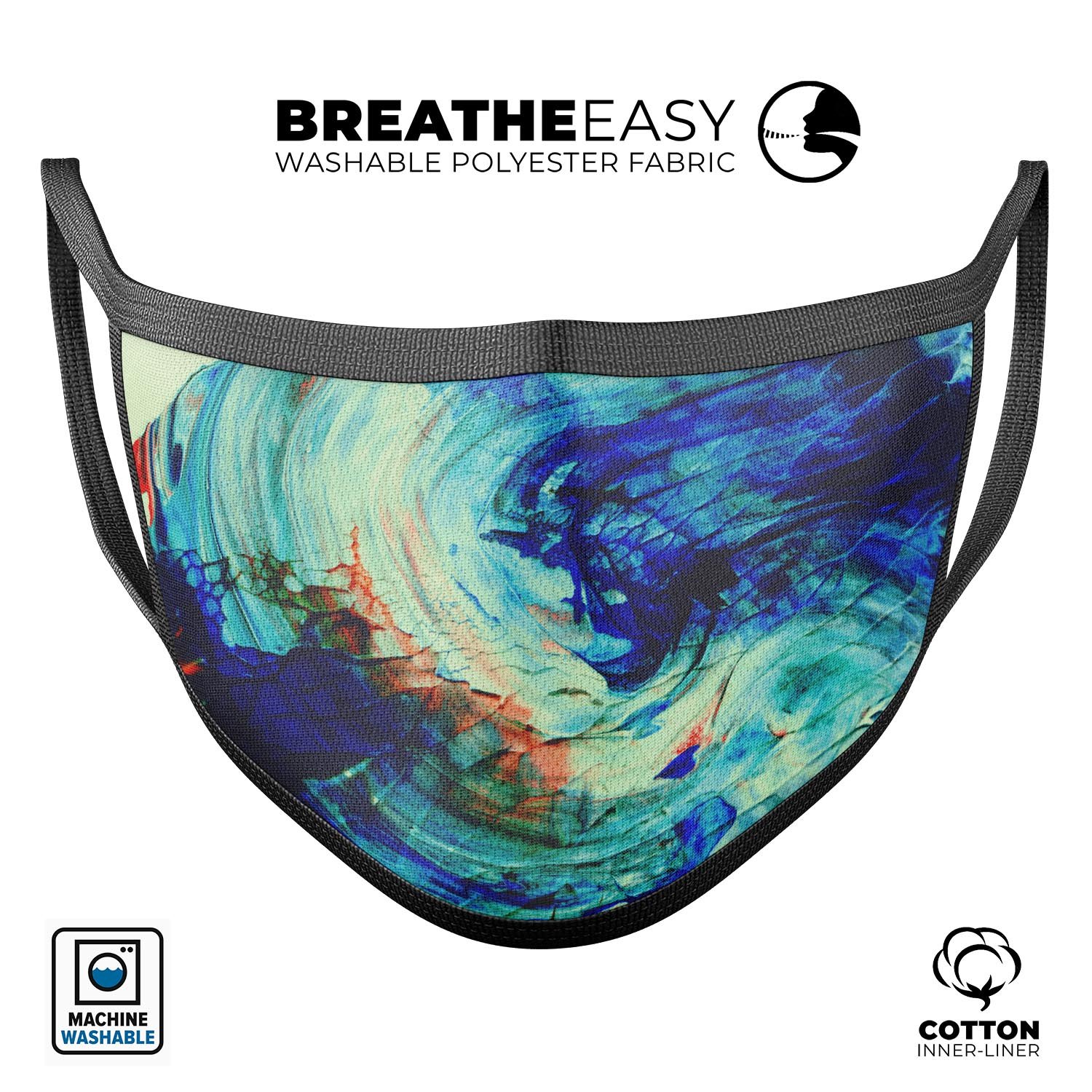 Liquid Abstract Paint Remix V93 unisex mouth cover, featuring vibrant dye-sublimated design, adjustable ear loops, and made from soft cotton.