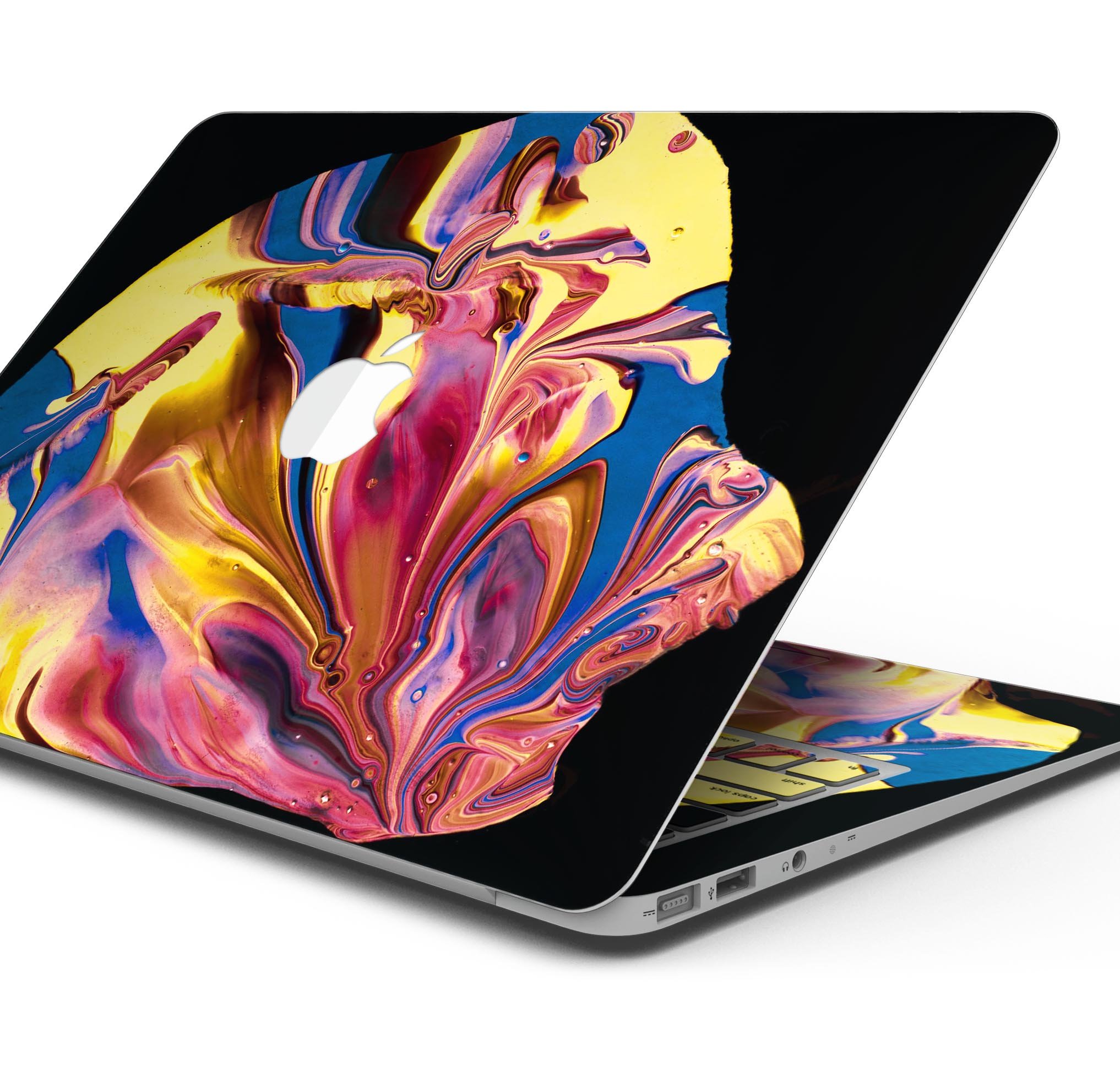 Liquid Abstract Paint V11 skin decal wrap kit for Apple MacBook, showcasing vibrant colors and a sleek design.