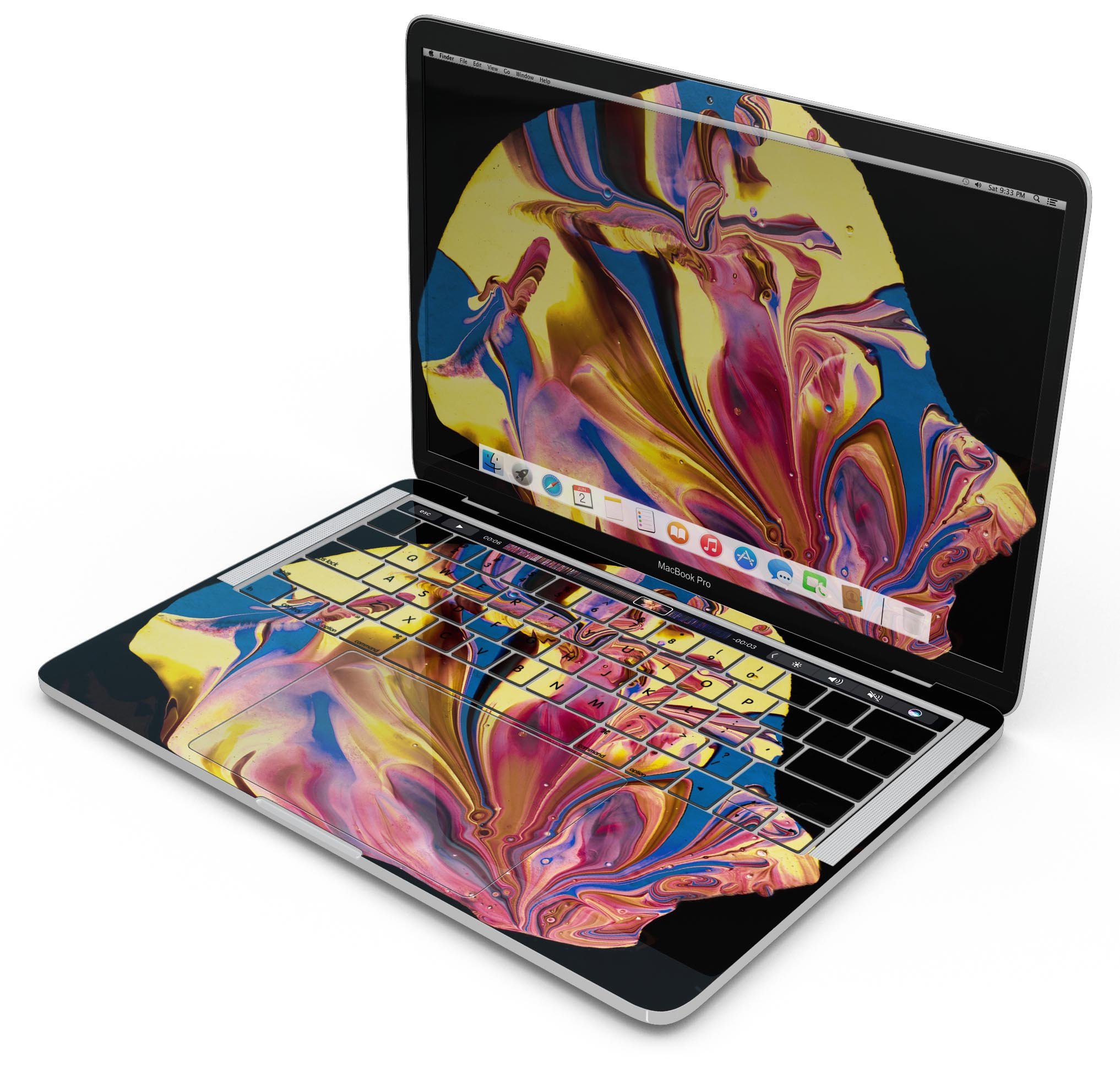 Liquid Abstract Paint V11 skin decal wrap kit for Apple MacBook, showcasing vibrant colors and a sleek design.