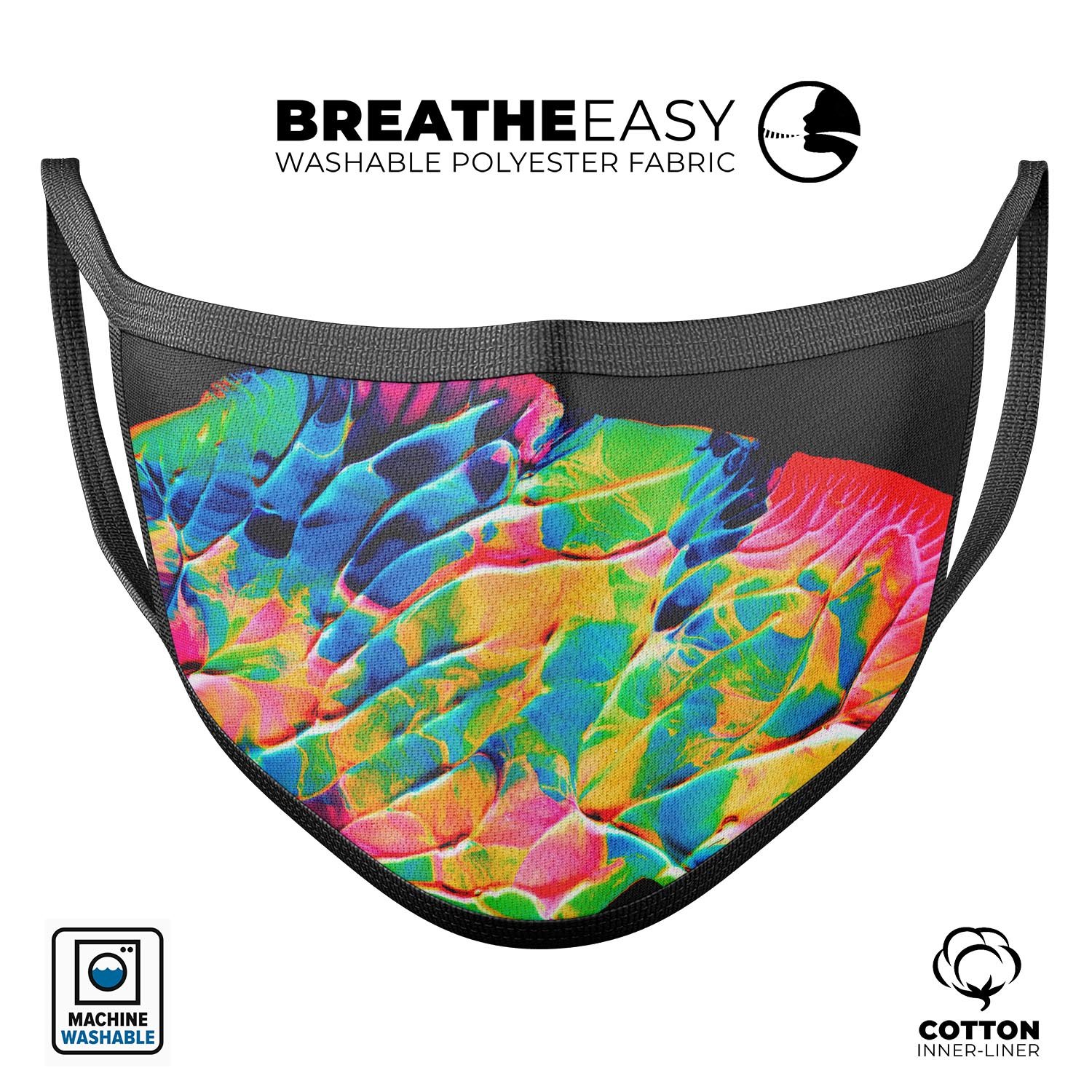 Liquid Abstract Paint V14 mouth cover, a stylish and comfortable anti-dust mask made in the USA, featuring adjustable ear loops and vibrant design.