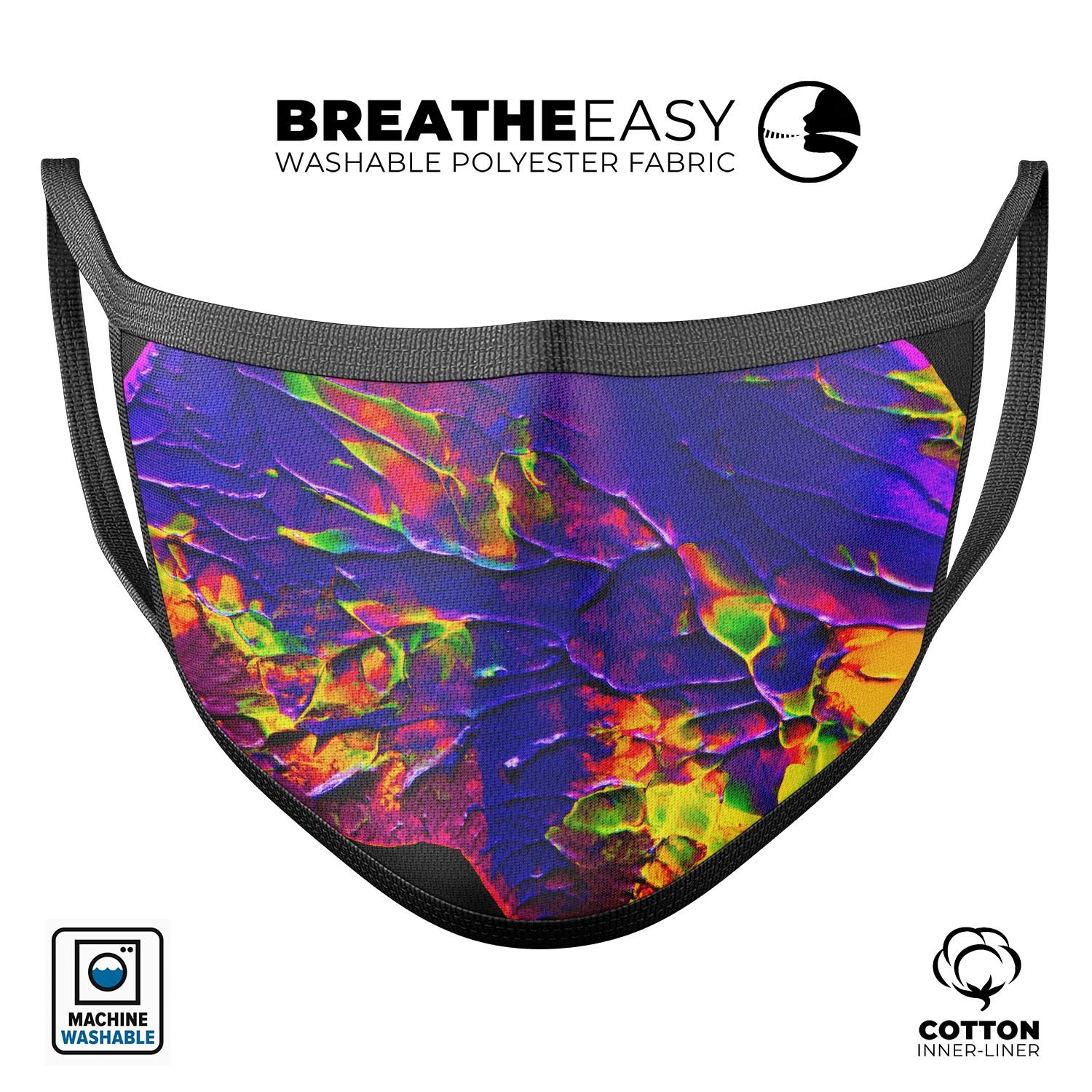 Liquid Abstract Paint V16 face mask, featuring a vibrant design, adjustable ear loops, and made from soft cotton for comfort.