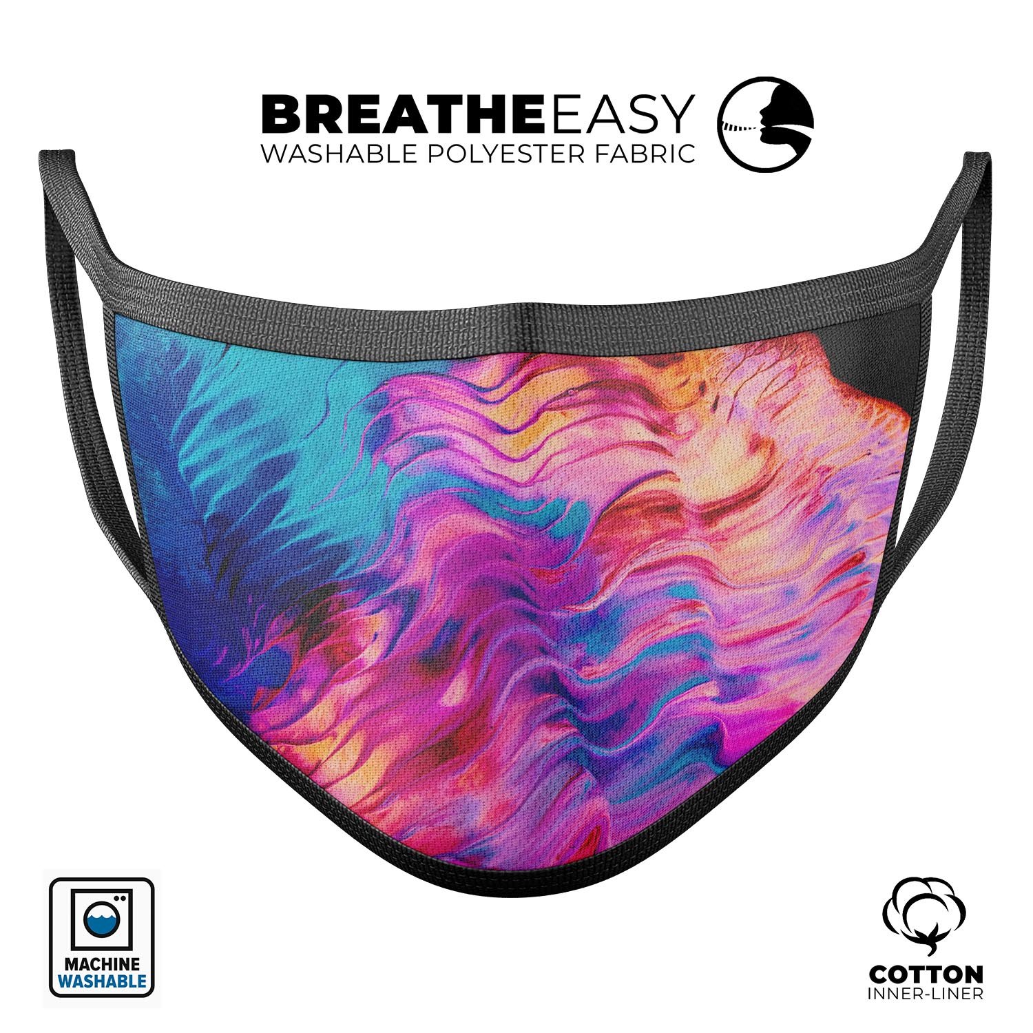 Liquid Abstract Paint V2 mouth cover, a stylish and comfortable anti-dust mask made in the USA, featuring adjustable ear loops and vibrant design.