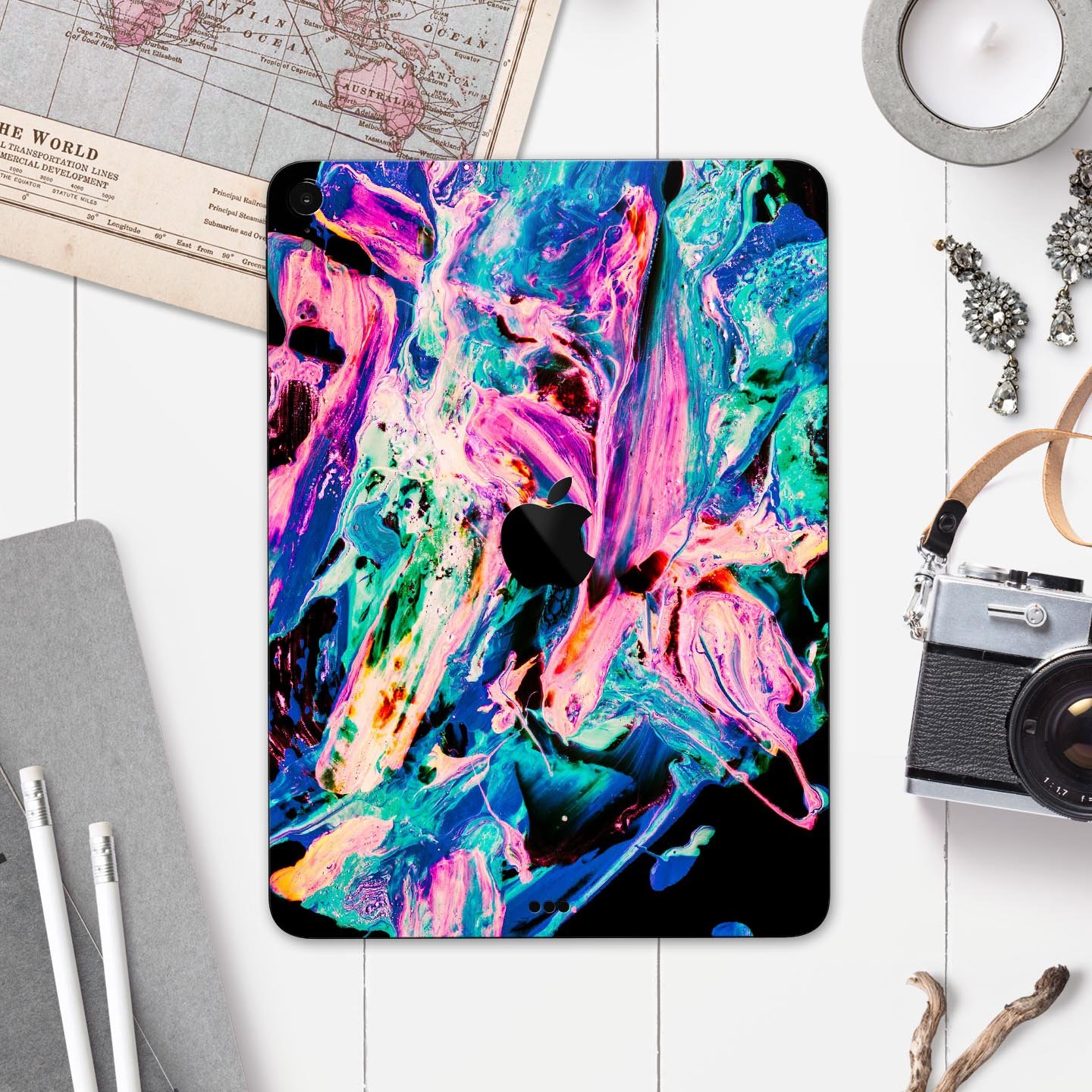 Liquid Abstract Paint V20 skin decal for Apple iPad, showcasing vibrant colors and premium 3M material for protection.