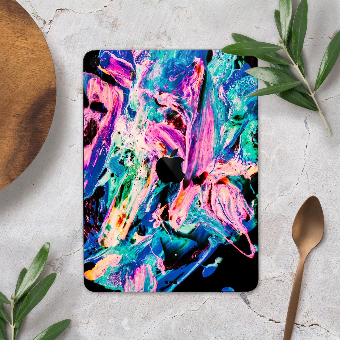 Liquid Abstract Paint V20 skin decal for Apple iPad, showcasing vibrant colors and premium 3M material for protection.